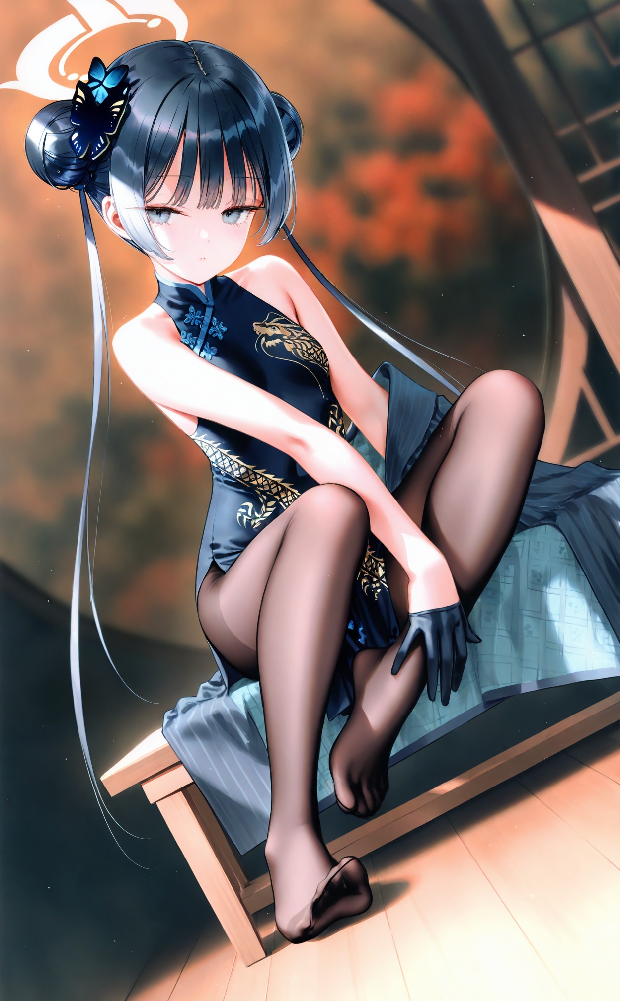 masterpiece,blurry background,loli,light leaks,fair_skin,blurry,depth_of_field,Cinematic Lighting,background light,loli,Artist:hiten_(hitenkei),artist chen_bin,artist:wanke,(artist:ke-ta:0.6),[Artist:wlop],[[Artist:sheya:0.9]],loli, Artist shitsurakuen \(paradise lost\), 1girl, kisaki \(blue archive\), china dress, feet, gloves, solo, dress, chinese clothes, toes, pantyhose, no shoes, hair ornament, dragon print, black gloves, butterfly hair ornament, black hair, hair bun, soles, long hair, breasts, halo, black dress, legs, twintails, sitting, looking at viewer, sleeveless dress, pelvic curtain, grey eyes, sleeveless, double bun, half gloves, black pantyhose, bare shoulders, spread toes, print dress, knees up, on table, brown pantyhose, thighs, full body, dorsiflexion, short dress, dutch angle, blush, medium breasts