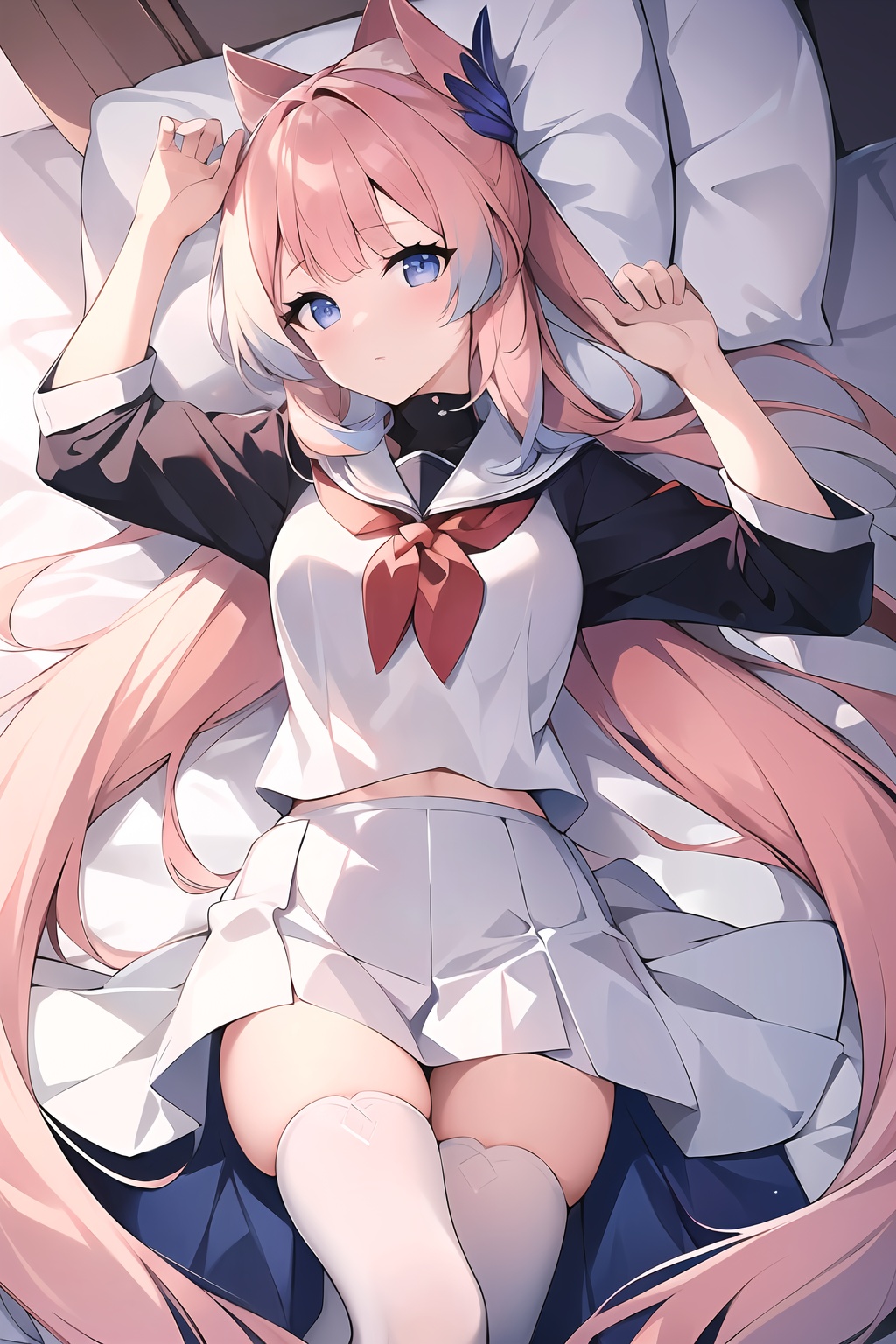 (masterpiece, best quality:1.2),insanely detailed,absurdres,ultra-highres,ultra-detailed,best quality,slender,kawaii,perfect symmetrical face,ultra cute girl,ultra cute face,ultra detailed eyes,ultra cute,ultra beautifu,from above,lying,on bed,on back,looking down,looking at viewer,sangonomiya kokomi,hair ornament,white pantyhose,1girl,solo,long hair,<lora:Sangonomiya Kokomi-000001:0.7>,school uniform,
