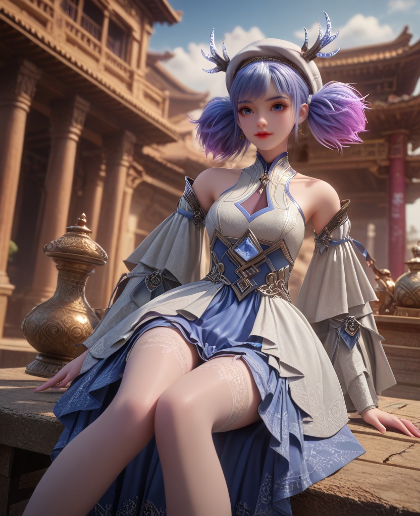 (oriental architecture, elegant decor, sophisticated style:1.1),(sitting:1.1),(breasts:1.2),<lora:XL16克金玩家小麋鹿:0.95>,miss xiaomilu,white gothic lolita dress,blue petticoat,blue eyes,short twintails,unicorn hair,white hat,antlers,jewelry,ombre lace thighhighs,, zPDXL2, score_9, score_8_up, score_7_up BREAK realistic, masterpiece,best quality, highly detailed,, zPDXL3, zPDXL2,zPDXL, zPDXLxxx, zPDXLrl,