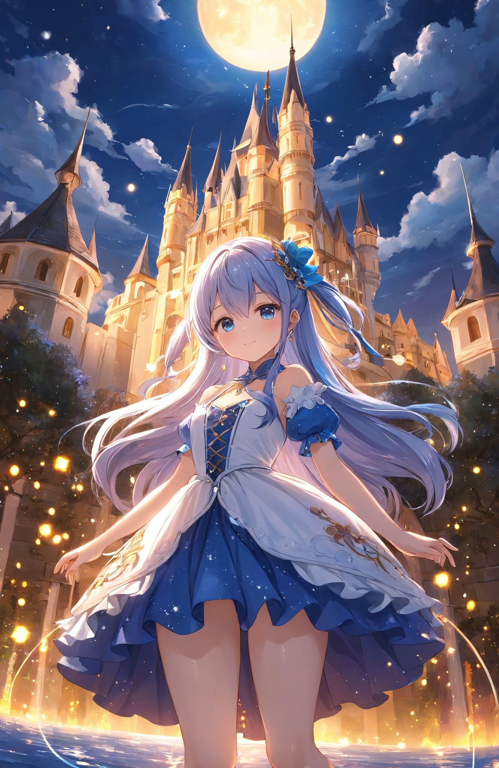 "Majestic fantasy anime art style, depicting a grand floating castle suspended above a shimmering sea of clouds. A young girl in an ornate dress, with glowing magical symbols woven into the fabric, stands at the edge of the castle’s terrace. The moonlight casts a soft glow on her and the surrounding castle towers, while the night sky is filled with countless stars, creating a dreamlike scene."