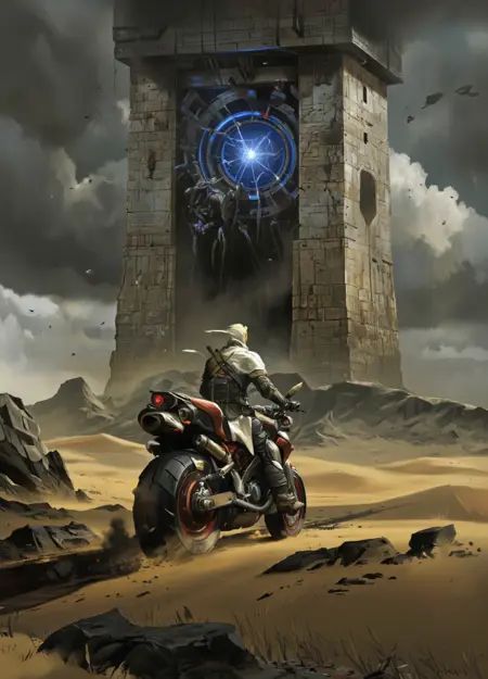 Yurimazum art style.A lone figure stands on a futuristic,  single-wheeled motorcycle with large,  rugged tires and red acc...