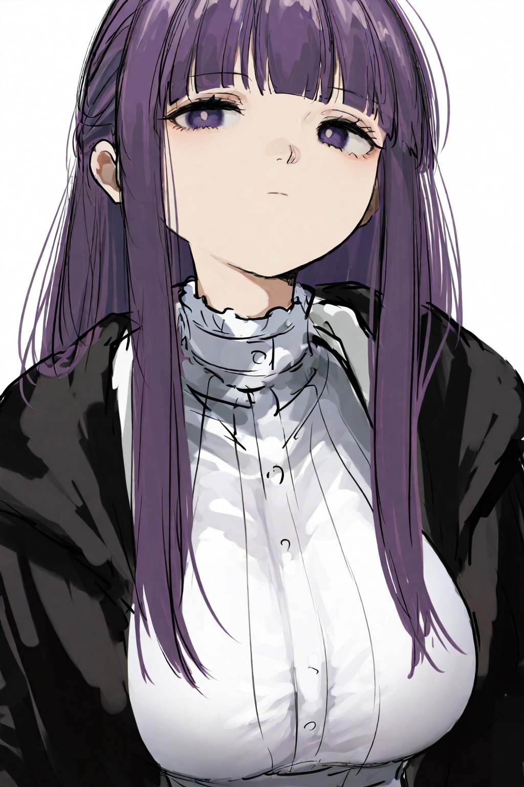 highres,absurdres,Visual impact,masterpiece,amazing quality,best quality,very aesthetic,very awa,newest,<lora:pikuson-Style-000060:0.9>,1girl,fern \(sousou no frieren\),solo,purple hair,long hair,white background,simple background,purple eyes,looking at viewer,blunt bangs,dress,upper body,breasts,white dress,black coat,sidelocks,closed mouth,hood,straight hair,coat,sketch,open clothes,expressionless,large breasts,hood down,