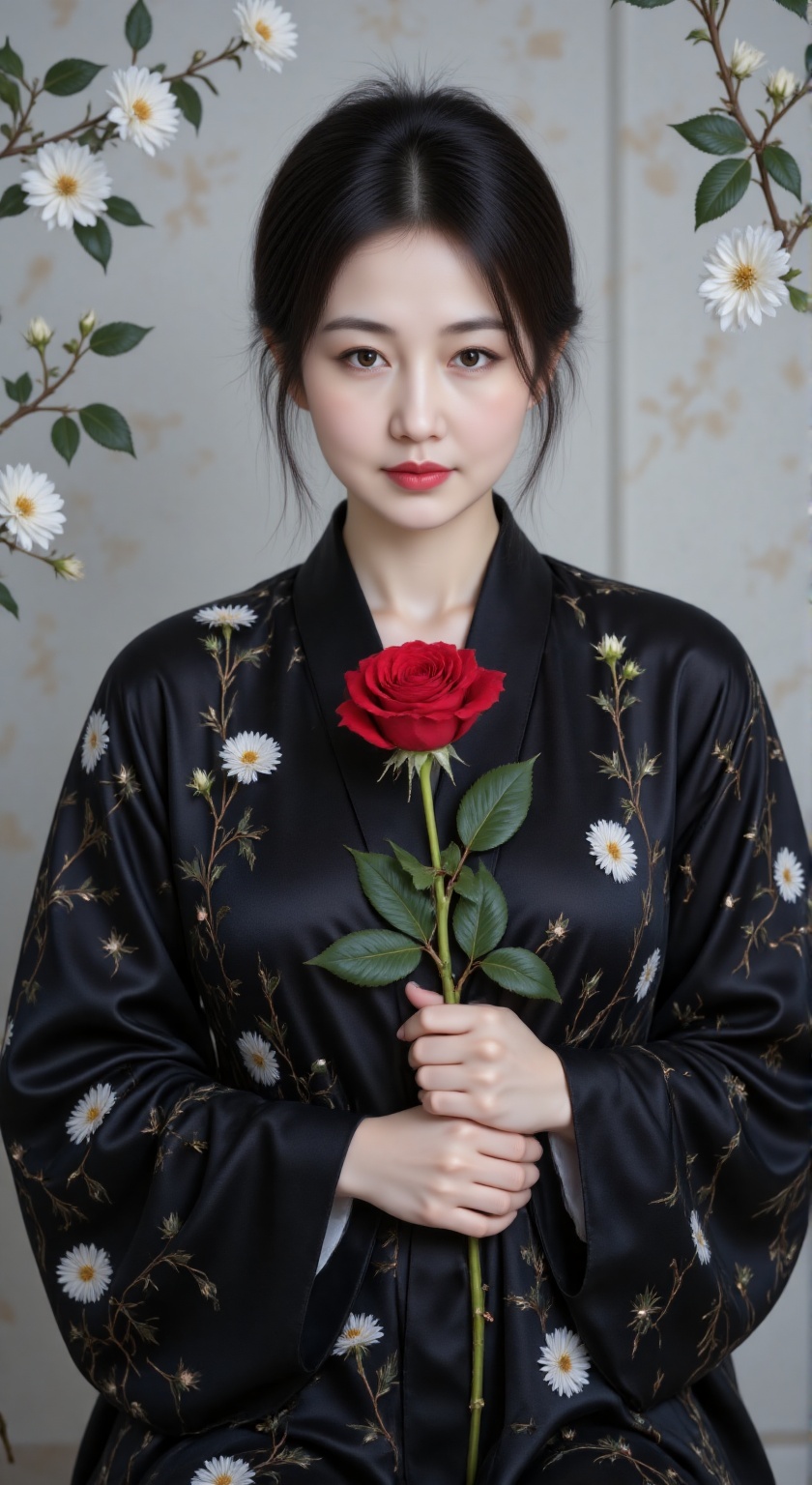 RUNYAN, RUNYAN accentuating her delicate features. Wearing a black silk robe decorated with a white flower pattern. She held a red rose tightly in front of her chest and her makeup was exquisite 