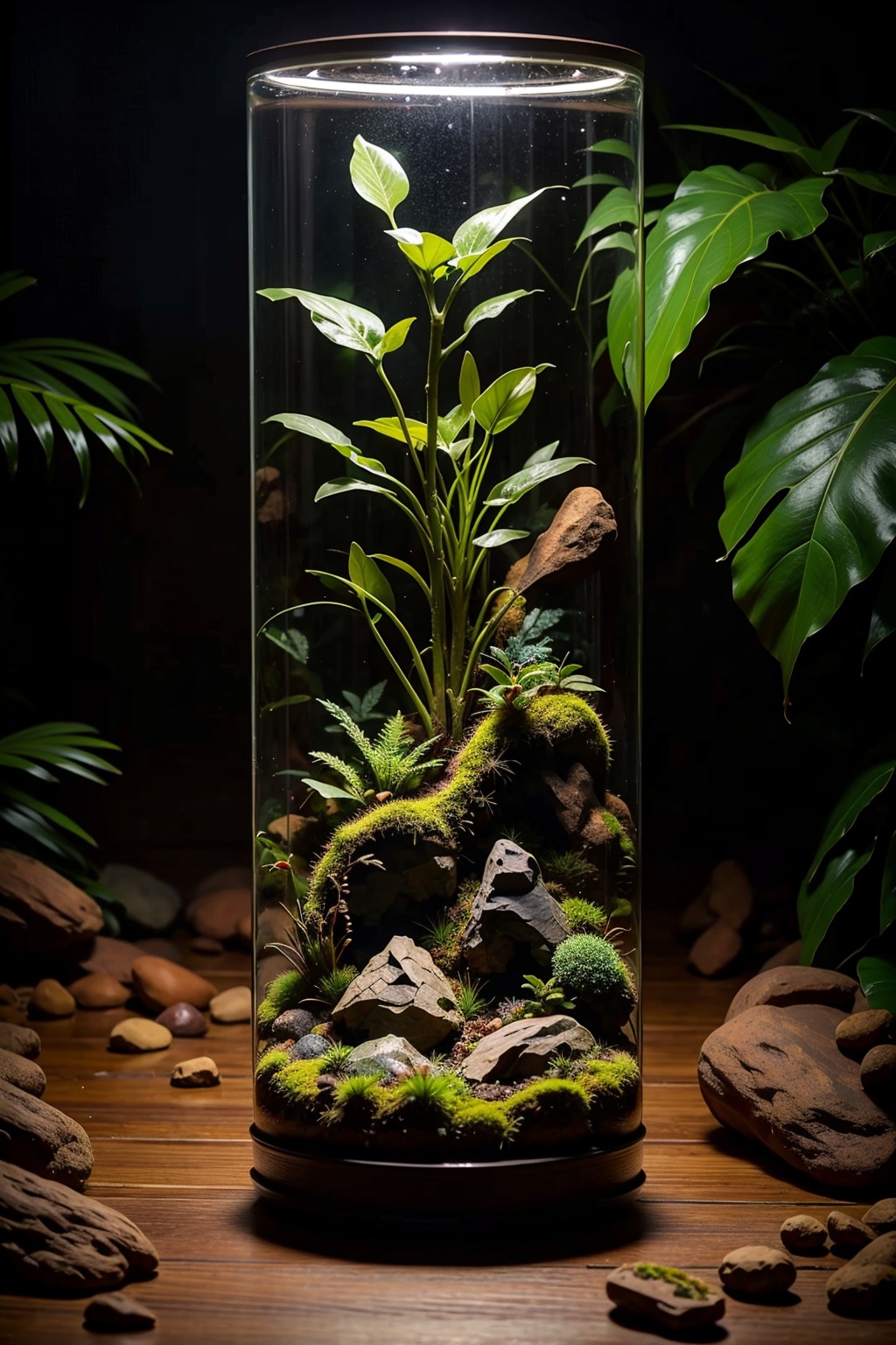 (masterpiece:1.2),best quality,highres,extremely detailed CG,perfect lighting,8k wallpaper,photograph,photorealistic,glass cylinder,plant distribution,depth of field,nature,skeleton structure,micro-landscape,primary and secondary clear,<lora:FF_20240117155356-000005:0.6>,