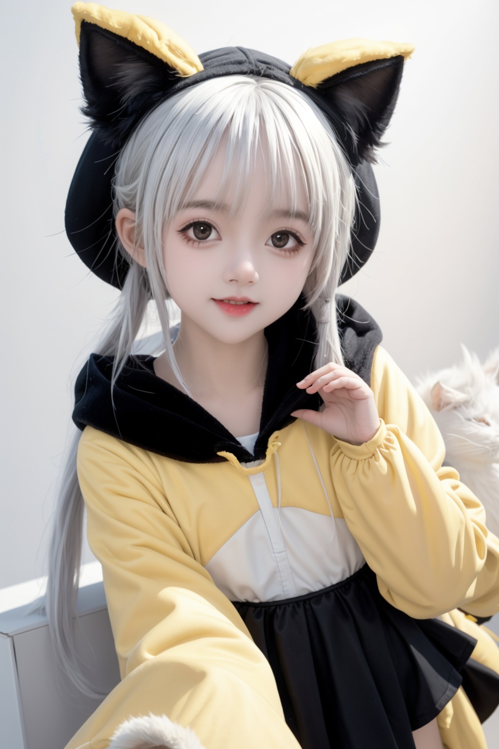 [(white background:1.4)::5],//,box,in container,cardboard box,in box,//,(solo:1.2),1girl,loli,little girl,smile,open mouth,black eyes,slit pupils,white hair,low twintails,cat ears,full body,(yellow animal costume:1.2),hood up,