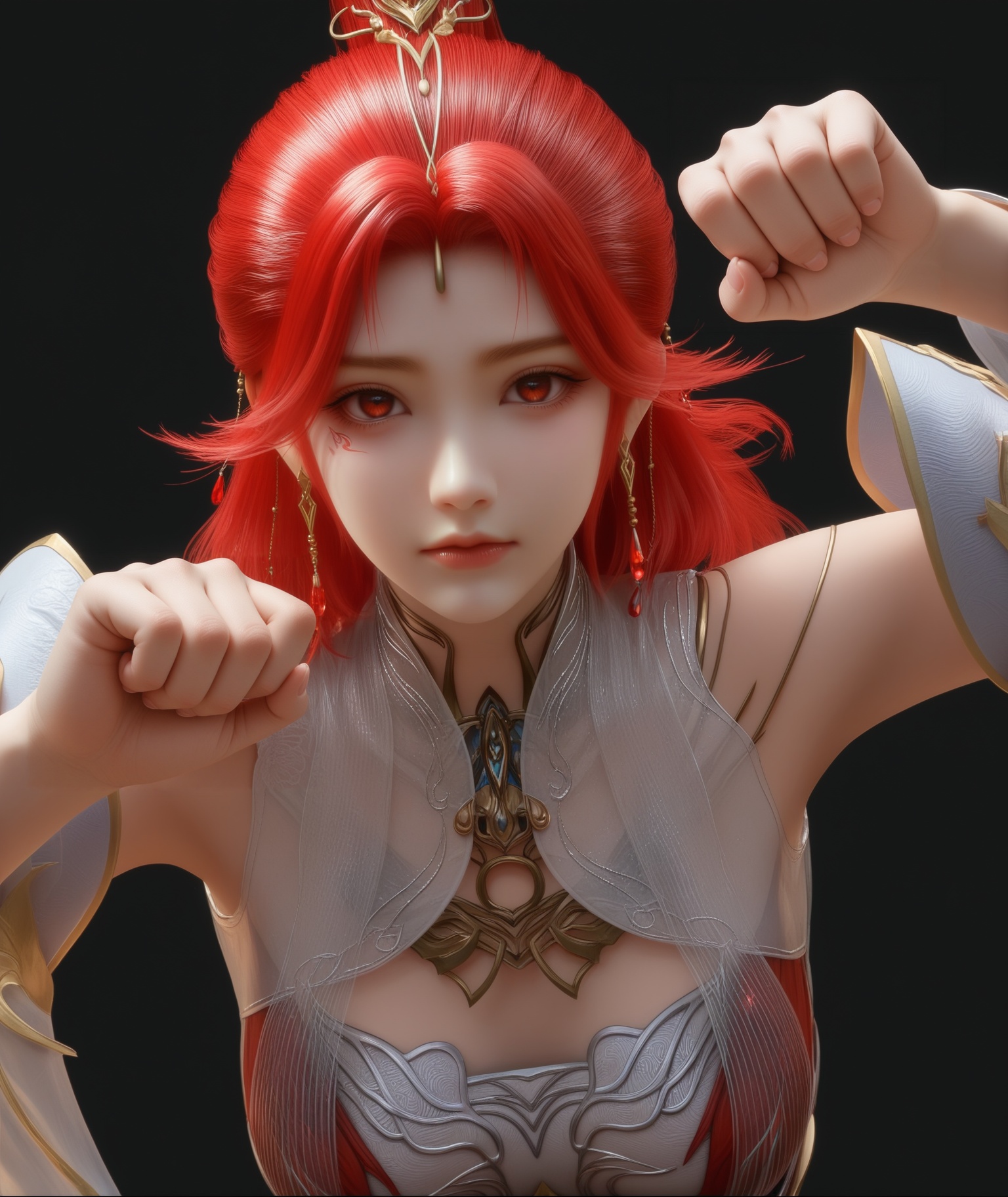 masterpiece,best quality,absurdres,highres,1girl,solo,<lora:火允儿-ill:0.83>,huoyuner,red hair,long hair,high ponytail,makeup,upper body,BREAKcollarbone,sheer overlay,bare shoulders,sheer collar,high collar,jewelry,hair ornament,dangling earrings,red gemstone,forehead decoration,detached sleeves,fantasy dress,looking at viewer,front view,(cat_pose:1.1),BREAK(white_skin:1.1),(fair_skin:1.1),realistic,simple background,black background,