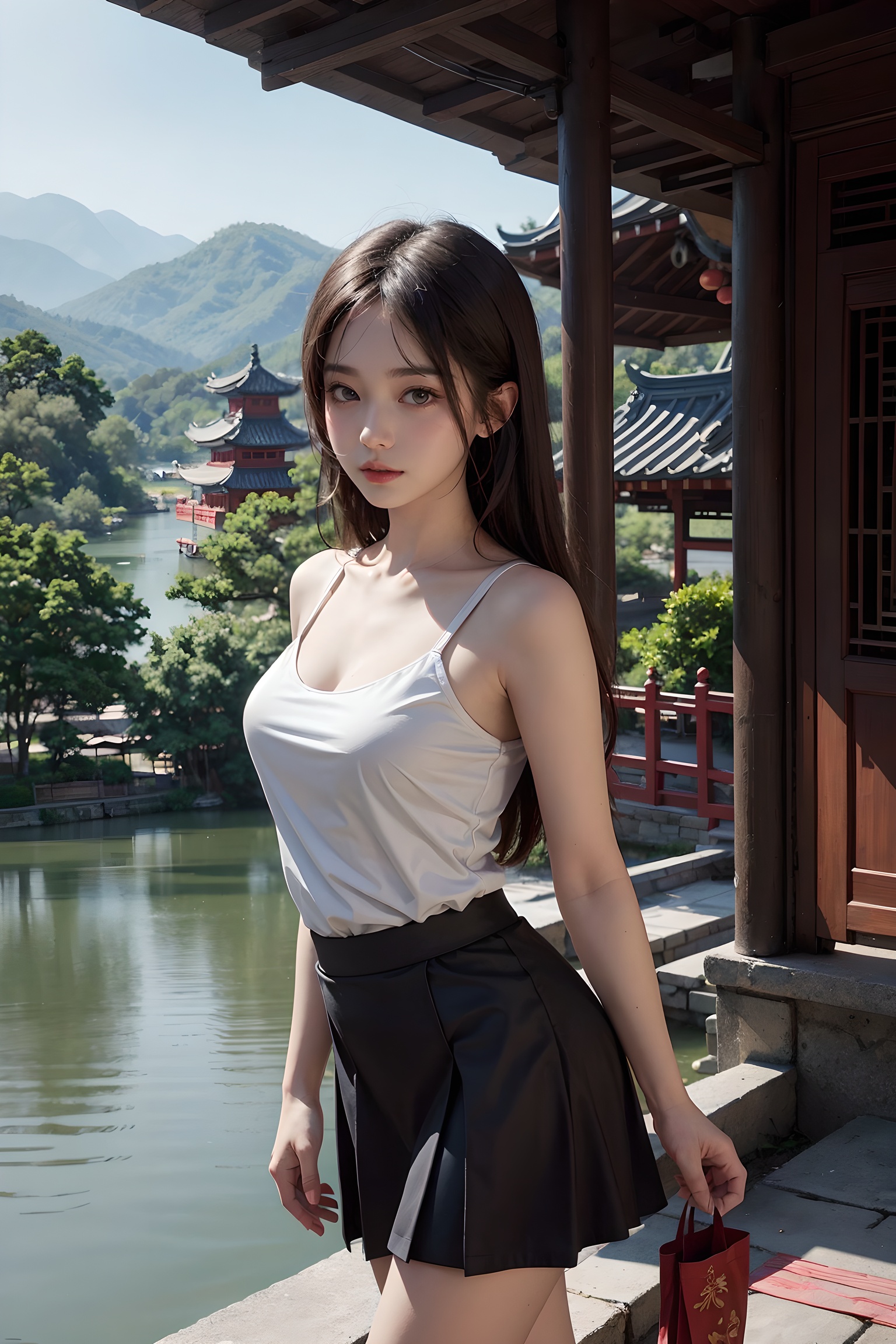 Character as the main body,HighestQuali,blurry background,detailed detail,one-girl,long whitr hair,Body shots,a skirt,dfsy,a painting of a chinese landscape with a pagoda and trees in the background and a lake in the foreground,tree,bare_tree,traditional pavilion,ink and wash,chinese architecture,architecture,outdoors,building,bridge,