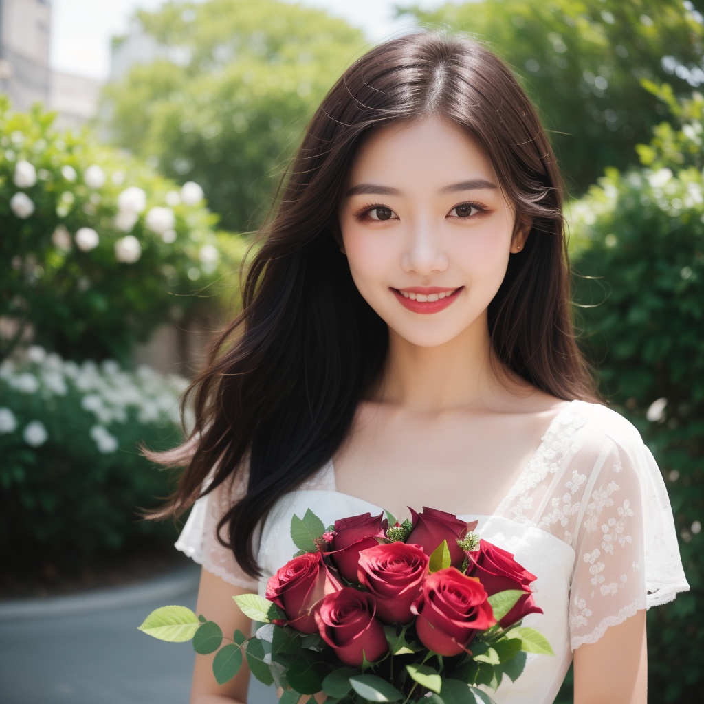 masterpiece,best quality,1girl,Ultra-realistic 8k CG,masterpiece,best quality,(photorealistic:1.4),HDR,absurdres,Professional,RAW photo,lens flare,(film grain:1.1),Bokeh,((Depth of field)),studio light,a woman in a red dress,a bouquet of roses and looking at the camera with a smile on her face,1girl,black_hair,bouquet,brown_eyes,dress,flower,lips,long_hair,looking_at_viewer,smile,solo,Highly detailed,Professional,extreme detail description,