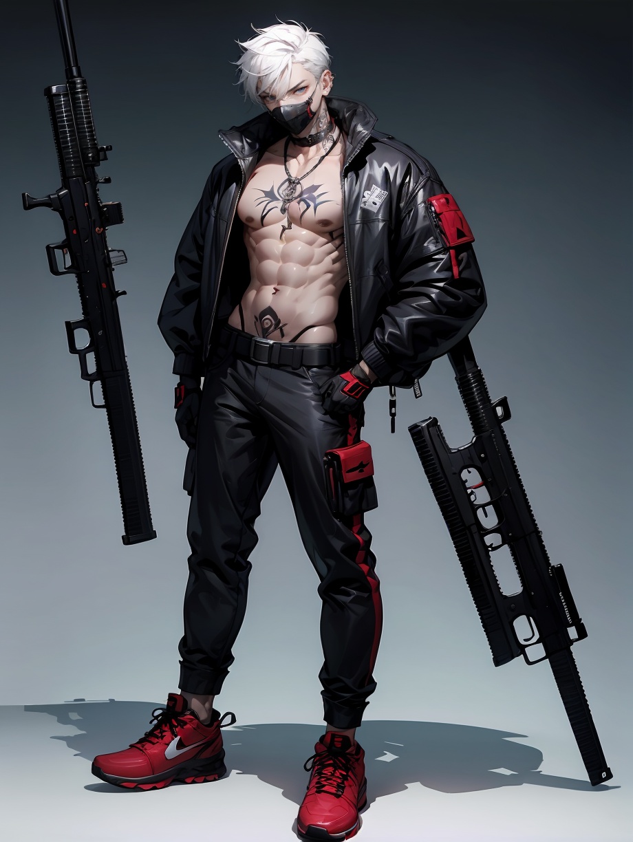 hezi, Cyberpunk, Sotai, weapon, gun, male focus, 1boy, solo, mask, holding weapon, tattoo, shoes, jacket, pants, abs, holding, gloves, holding gun, open clothes, mouth mask, open jacket, hand in pocket, black gloves, red footwear, belt, pectorals, stomach tattoo, black jacket, shadow, sneakers, rifle, jewelry, full body, standing, black pants, navel, muscular, covered mouth, black belt, looking at viewer, short hair, muscular male, necklace, simple background, zipper, white hair, black mask, blue eyes, grey hair, long sleeves, assault rifle, white background, bare pectorals, piercing, chest tattoo, earrings, grey eyes, grey background, zipper pull tab, collarbone, ear piercing, bangs, scar, collar, bara, arm tattoo, gas mask, stomach, buckle, dog tags <lora:索泰:0.7>