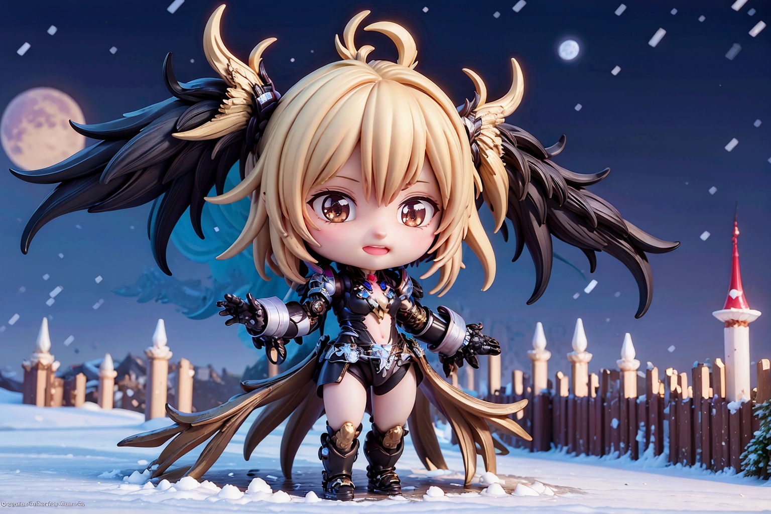 masterpiece,best quality,(1girl:1.2),(super huge feather wings:1.4),black hair,sky,(woman mecha warrior,mighty and domineering,all body cool mecha,black and gold color scheme,red armor:1.4),(Standing outside the huge gates of the Ice Castle:1.3),look at viewer,floating hair,outdoor,(full body:1.5),(full moon:1.4),(ice castle:1.5),(snow:1.3),(chibi:1.4),<lora:ASuo_v1:1>,