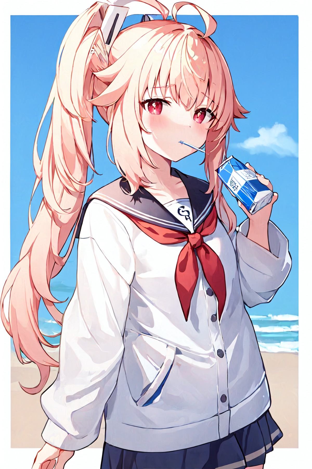 natsu \(blue archive\),1girl, halo,solo, side_ponytail, simple_background, white_background, halo, ?, ahoge, hair_ornament, juice_box, looking_at_viewer, milk_carton, drinking_straw, serafuku, blush, long_sleeves, red_neckerchief, upper_body, holding, black_sailor_collar,  <lora:natsu_noise_image_nostage-000030:1>