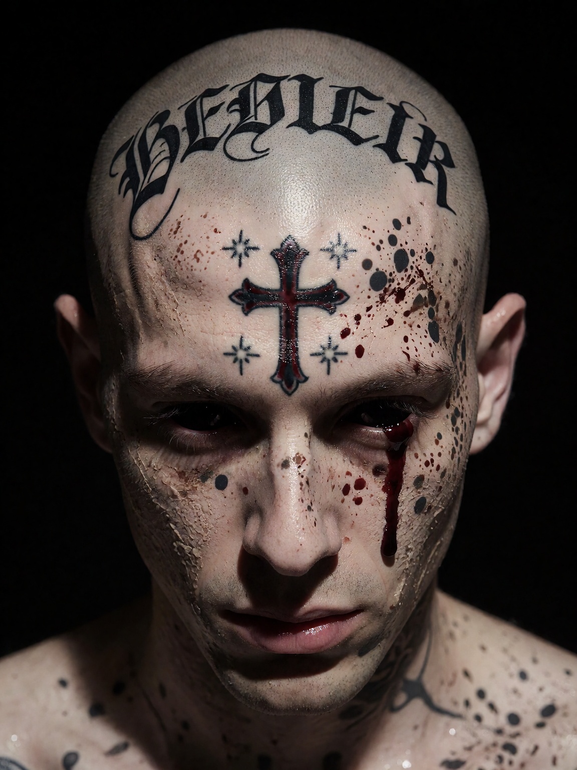 A cinematic,  macro studio portrait of an ***** man with a completely shaved head,  centered against a solid pitch-black b...