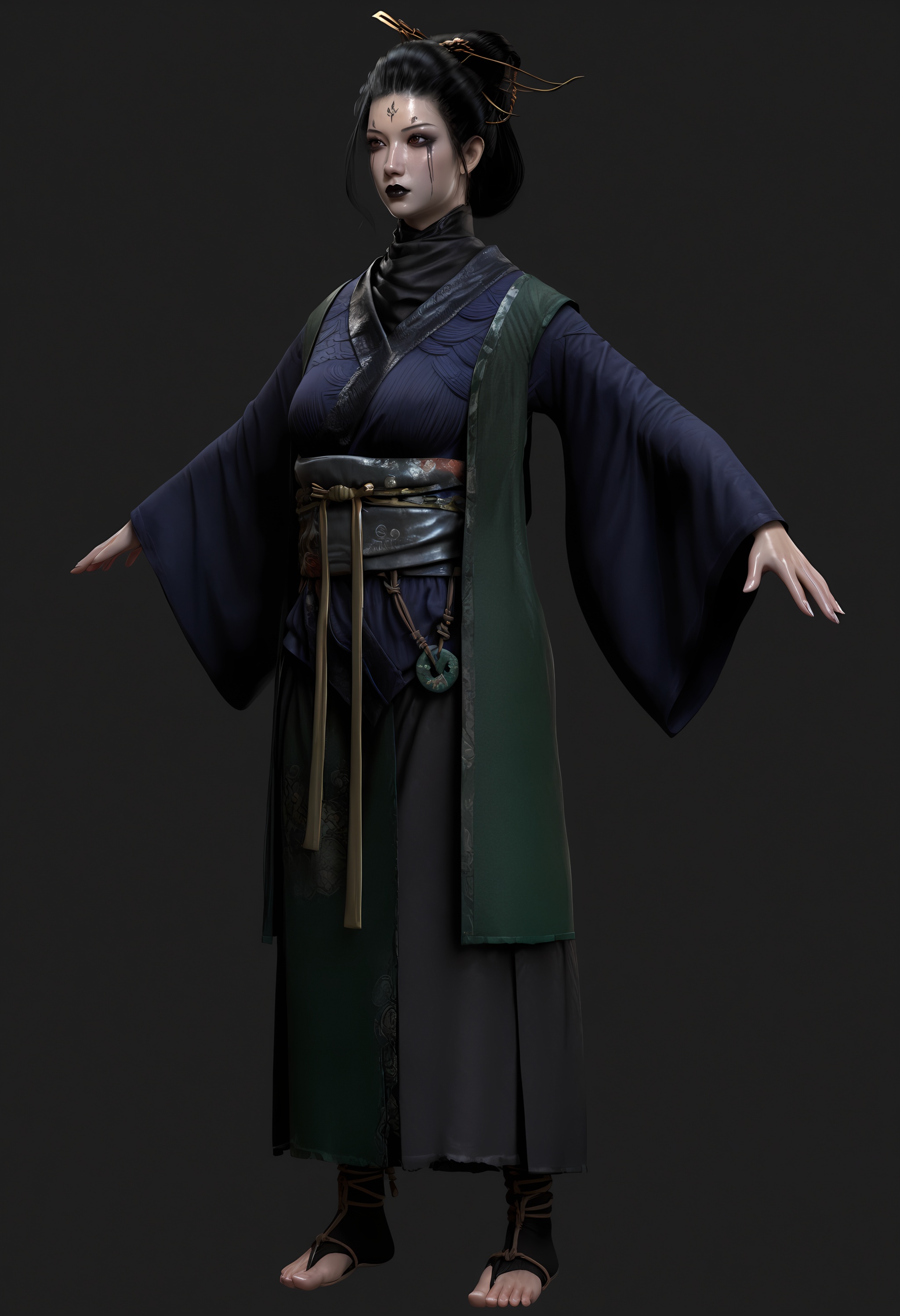 (score_9),<lora:四妹-Apony:0.86>,foursister,solo,1girl,black hair,facial mark,forehead mark,hair ornament,hair bun,hair stick,chinese clothes,sash,belt,toeless legwear,black_eyeshadow,black lips,Willow-shaped eyebrows,large breasts,glamor,puffy breasts,pointy_breasts,<lora:a修手:0.35>,front view,arms behind back,full body,simple background,OverallDetail,(shiny_skin),(deep_skin:1.1),<lora:perfect-eyes:0.8>,<lora:e色温:0.5>,<lora:SkinRealityOrg_ponyv6_loraplus:0.2>,real skin,<lora:detailed_notrigger:1>,<lora:身材滑块:0.5>,