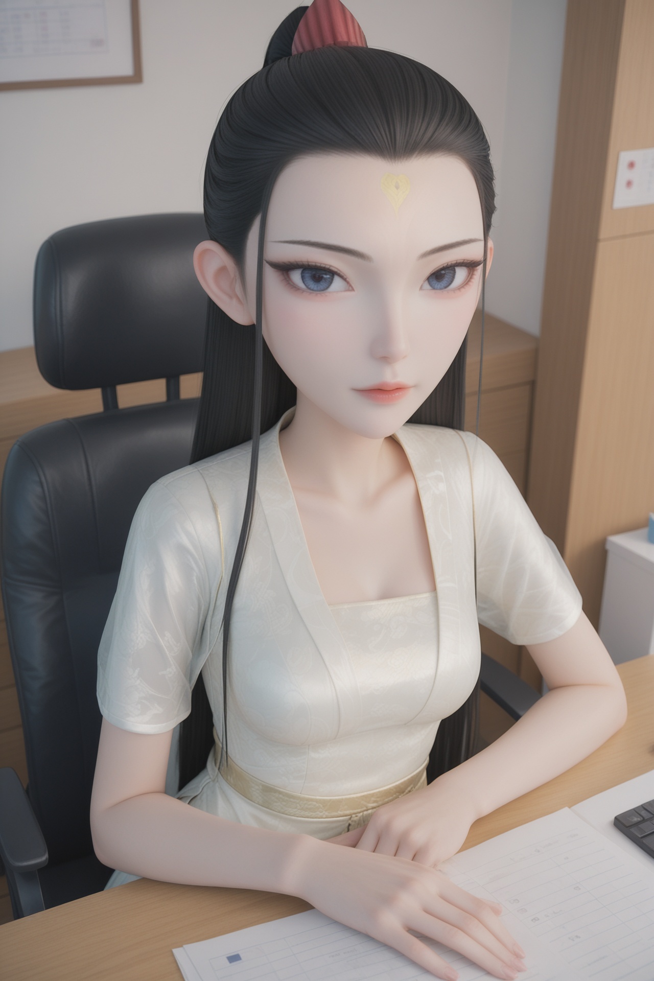 hetong,<lora:hetongXL:0.7>,score_9,score_8_up,source_anime,score_7_up,highly detailed,ultra-high resolution,32K UHD,sharp focus,best-quality,masterpiece,unconventional supreme masterpiece,masterful details,temperate atmosphere,with a high-end texture,in the style of fashion photography,Dynamic Angle,(Dynamic posture:1.1),1girl,medium breasts,long hair,looking at viewer,pale skin,china dress,forehead mark,office,