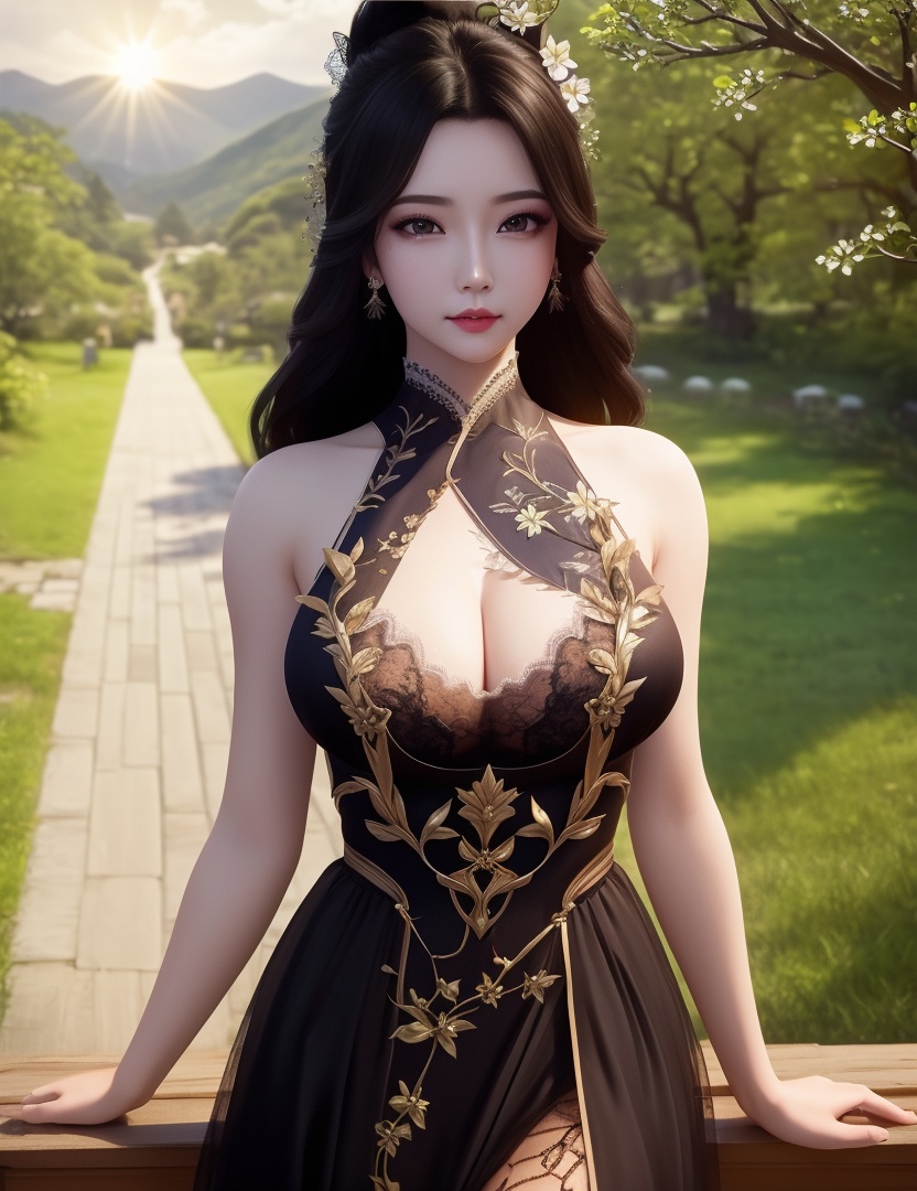 <lora:514-DA-万古狂帝-柳妃:0.8>(,1girl, ,best quality, ),looking at viewer,  ,, ultra detailed background,ultra detailed background,ultra realistic 8k cg,,masterpiece, (( , )), fiction,mole,  ,     ,see-through, lace, (cleavage),(((, solo, sun, , bare_tree, )))