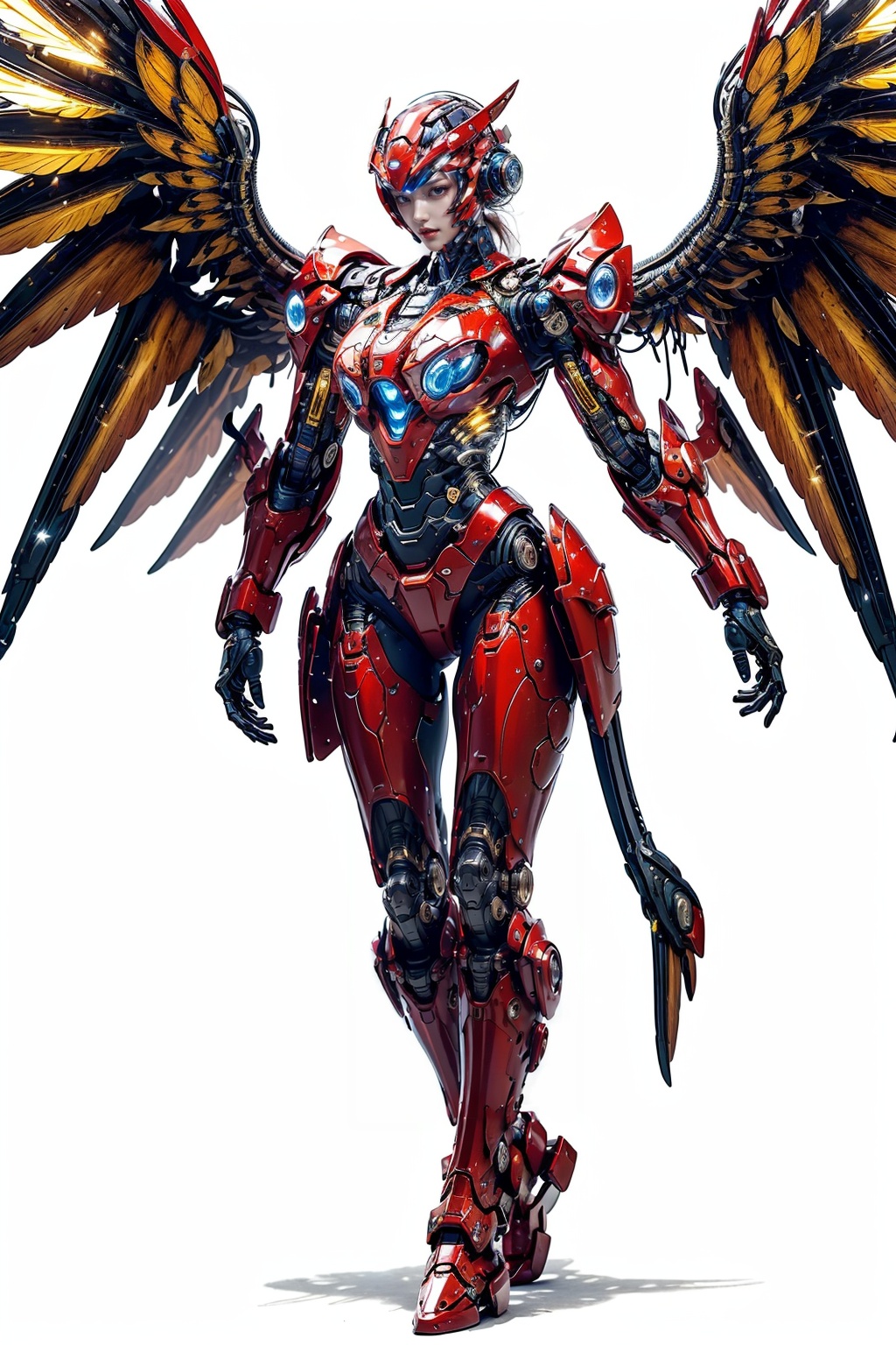 masterpiece,best quality,(highly detailed),1girl,cyborg,(full body:1.3),day light,bright light,wide angle,white background,<lora:hjyrobo5-000010:0.7>,complex body,shining sparks,big robot machinery wings,