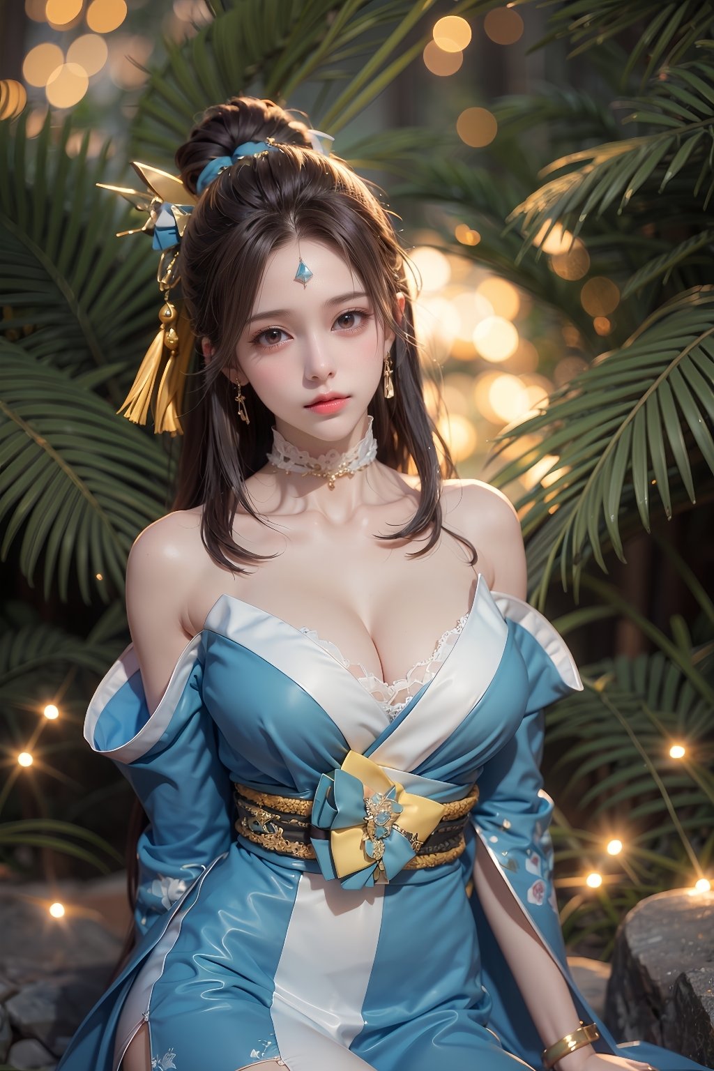 <lora:BZHW_20240312173907-000006:0.75>,BZHW,bokeh,blurry,nature,scenery,forest,depth of field,light particles,tree,lens flare,light,star \(sky\),sky,starry sky,night,night sky,mountain,landscape,1girl,solo,blue eyes,dress,hair ornament,bare shoulders,blue dress,looking at viewer,brown hair,tassel,thighhighs,black hair,breasts,hair stick,long sleeves,long hair,blue footwear,mask,facial mark,choker,collarbone,japanese clothes,kimono,blue kimono,white thighhighs,off shoulder,cleavage,sash,, (raw photo:1.2),((photorealistic:1.4))best quality,masterpiece,illustration,an extremely delicate and beautiful,extremely detailed,CG,unity,8k wallpaper,Amazing,finely detail,masterpiece,best quality,official art,extremely detailed CG unity 8k wallpaper,absurdres,incredibly absurdres,huge filesize,ultra-detailed,highres,extremely detailed,beautiful detailed girl,cinematic lighting,1girl,pale skin,tall female,(perfect body shape),skinny body,Slender legs,, pale skin,tall man,long legs,thin leg,