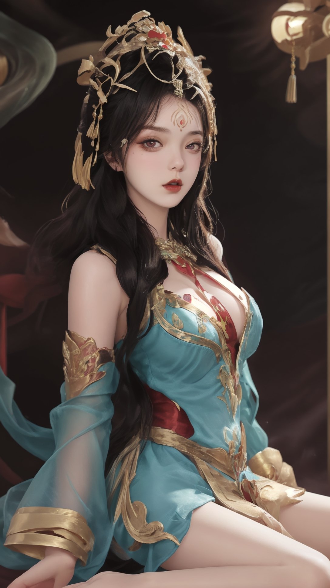 (1girl),smooth chin,masterpiece,detailed face,((hair ornament:1.2)),top quality,4k,make up,best quality,large breasts,(looking at viewer),red ribbon,dress,arms behind back,(wariza),shawl,detached sleeves,chinese building,forehead mark,golden hair ornament,<lora:王者杨玉环原皮_v1.1:0.7>,legs,