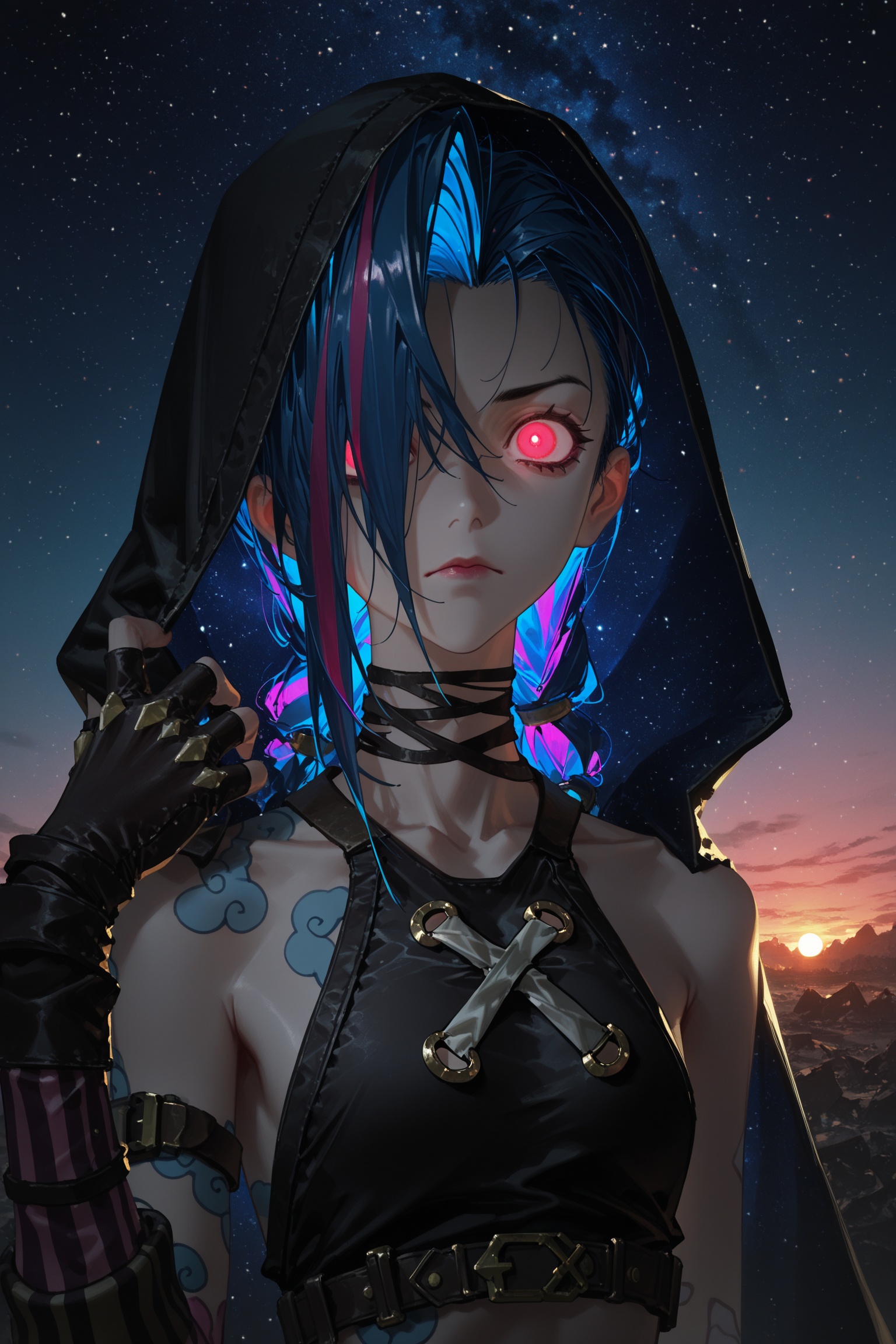 glowing eyes,streaked hair,glowing inner hair,glowing streaks,1girl,arcane jinx,(yamakawa:1),(tianliang duohe fangdongye:0.4),(dino \(dinoartforame\):0.5),(redum4:1.1),(betabeet:0.7),(wanke:0.3),(suzumi \(ccroquette\):0.4),(rei \(sanbonzakura\):0.5),(ciloranko:0.4),1girl,black gloves,blue hair,closed mouth,gloves,hair over one eye,hood,hood up,lips,looking at viewer,multicolored hair,one eye covered,paint,red eyes,eyes,sleeveless,solo,two-tone hair,high contrast,Chiaroscuro,dark,shadow,sky,sleeveless,night,night sky,sky,backlighting,starry sky,sunset,purple hair,very aesthetic,highres,high definition,sensitive,masterpiece,best quality,amazing quality,very aesthetic,absurdres,