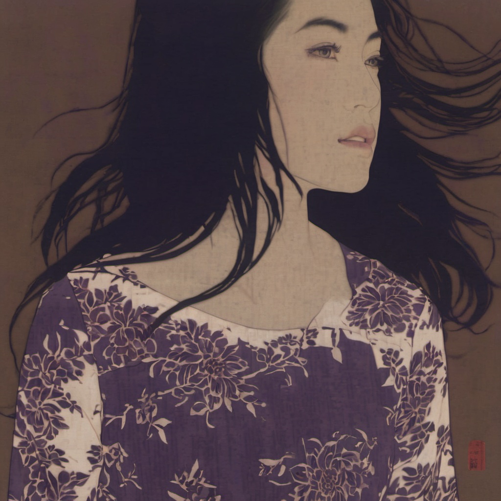 <lora:ukiyo-e_xl_v2:1>,1girl,solo,long_hair,shirt,black_hair,long_sleeves,collarbone,parted_lips,floral_print,upper_body,lips,print_shirt,blinds,a portrait of a woman,She has long and flowing black hair that cascades down her back,Her face is turned slightly to the side,revealing a profile view,She is wearing a blouse with a floral pattern in shades of purple and white,The background is a muted brown and which contrasts with the vibrant colors of her attire,The artwork appears to be a traditional Japanese woodblock print and given the style and the presence of a red seal or stamp in the top right corner,woman,long,flowing,black,hair,profile view,blouse,floral pattern,shades of purple and white,muted brown,vibrant colors,traditional Japanese woodblock print,
