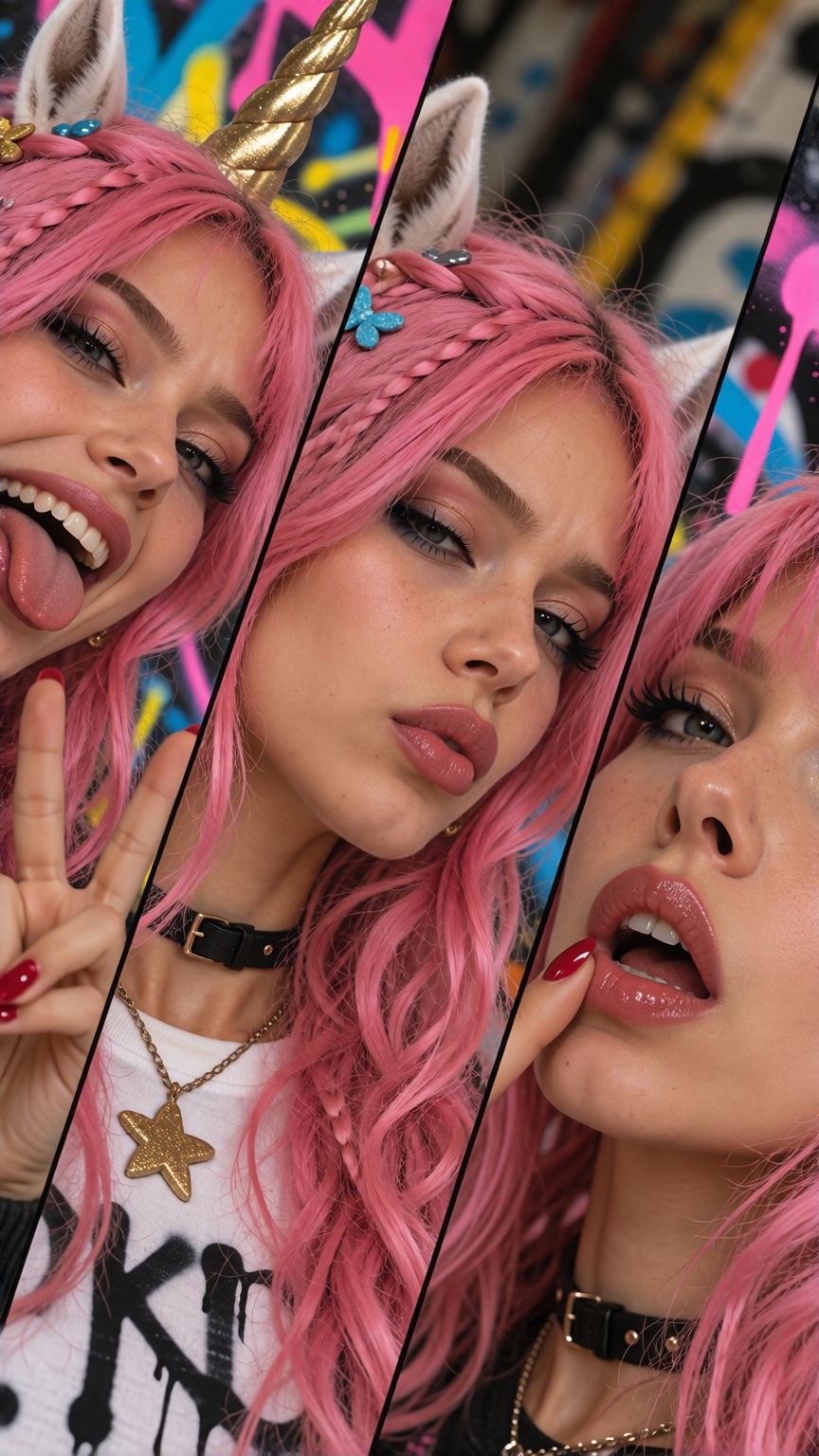 PukiX,  pink hair Crazy madness unicorn graffiti wall background,  neon colors on Tensor.Art