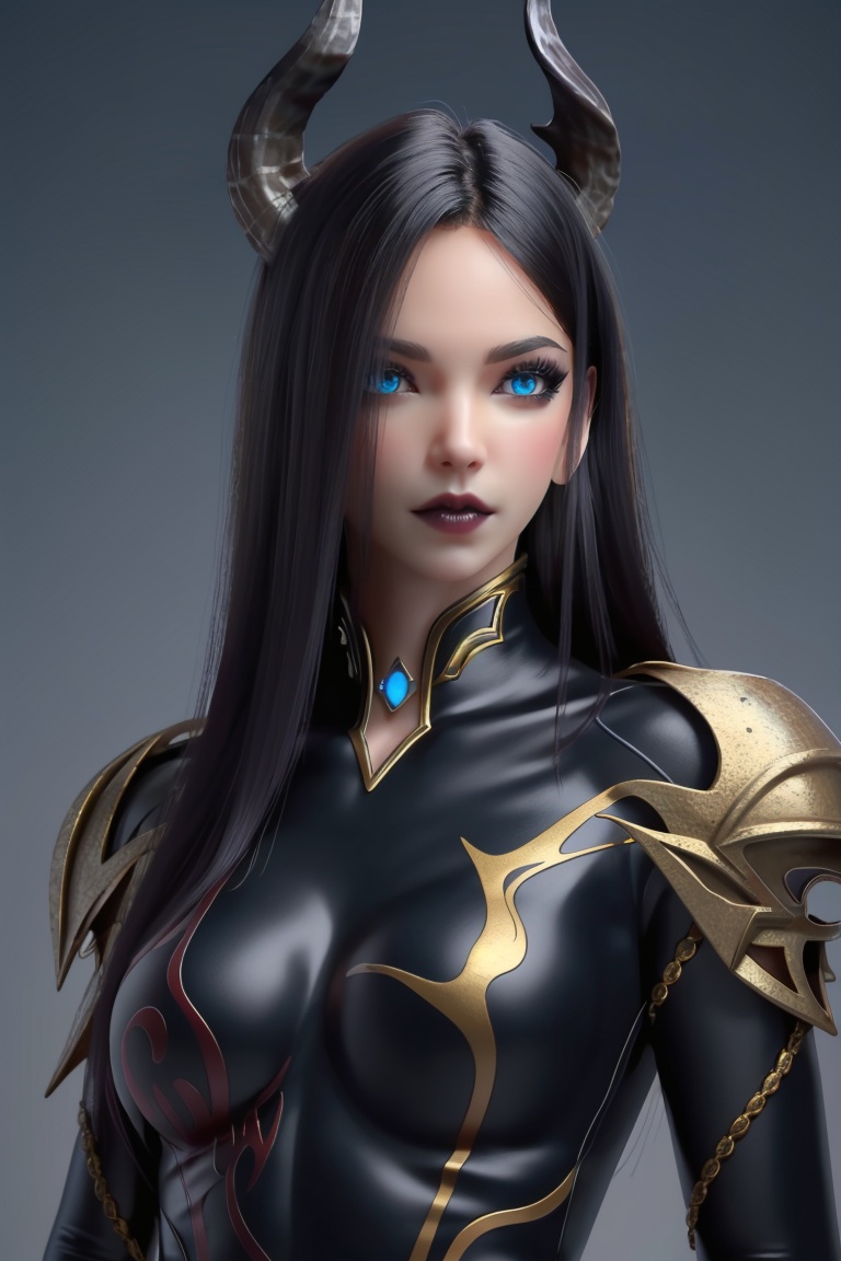 ((HRD, HUD, 8K)),((masterpiece, best quality)), highly detailed, 1girl, solo, long hair, blue eyes, black hair, makeup, lips, horns,bodysuit, armor,simple background, grey background, upper body, standing, looking at viewer, <lora:20240101-1704119106053:0.73>