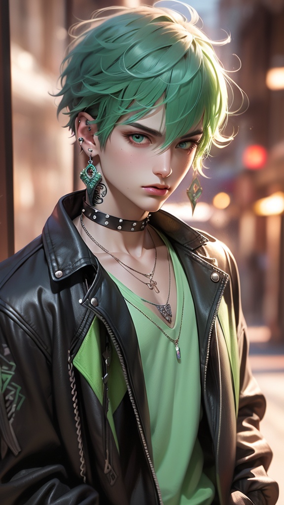 CG,solo, jewelry, jacket, green hair, earrings, necklace, male focus, looking at viewer, 1boy, piercing, upper body, short hair, shirt, black jacket, tattoo, ear piercing, leather, leather jacket, collar, chain, neck tattoo, closed mouth, open clothes, green shirt, bangs, open jacket, green eyes, chain necklace, choker, lips, eyelashes, messy hair, realistic, makeup, spikes