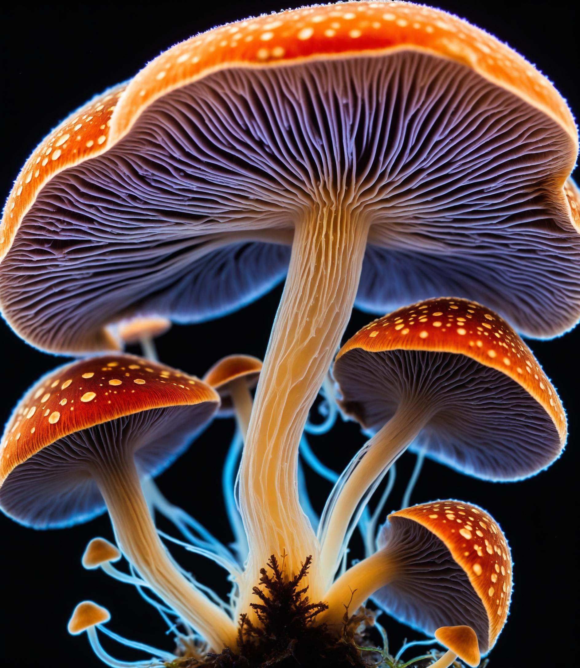 awardwinning photo,  a microscopic shot of a magic mushroom,  luminescent on Tensor.Art