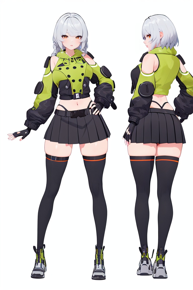 8k, best quality, masterpiece, (ultra-detailed), (high detailed skin), (full body:1.25), (white background:1.4), (simple background), standing, looking at viewer, (solo:1.2), hands on hips, <lora:anbi-sd-Tanger:1>, anbi, default clothes, 1girl, black fingerless gloves, black thighhighs, orange eyes, black  pleated skirt, 