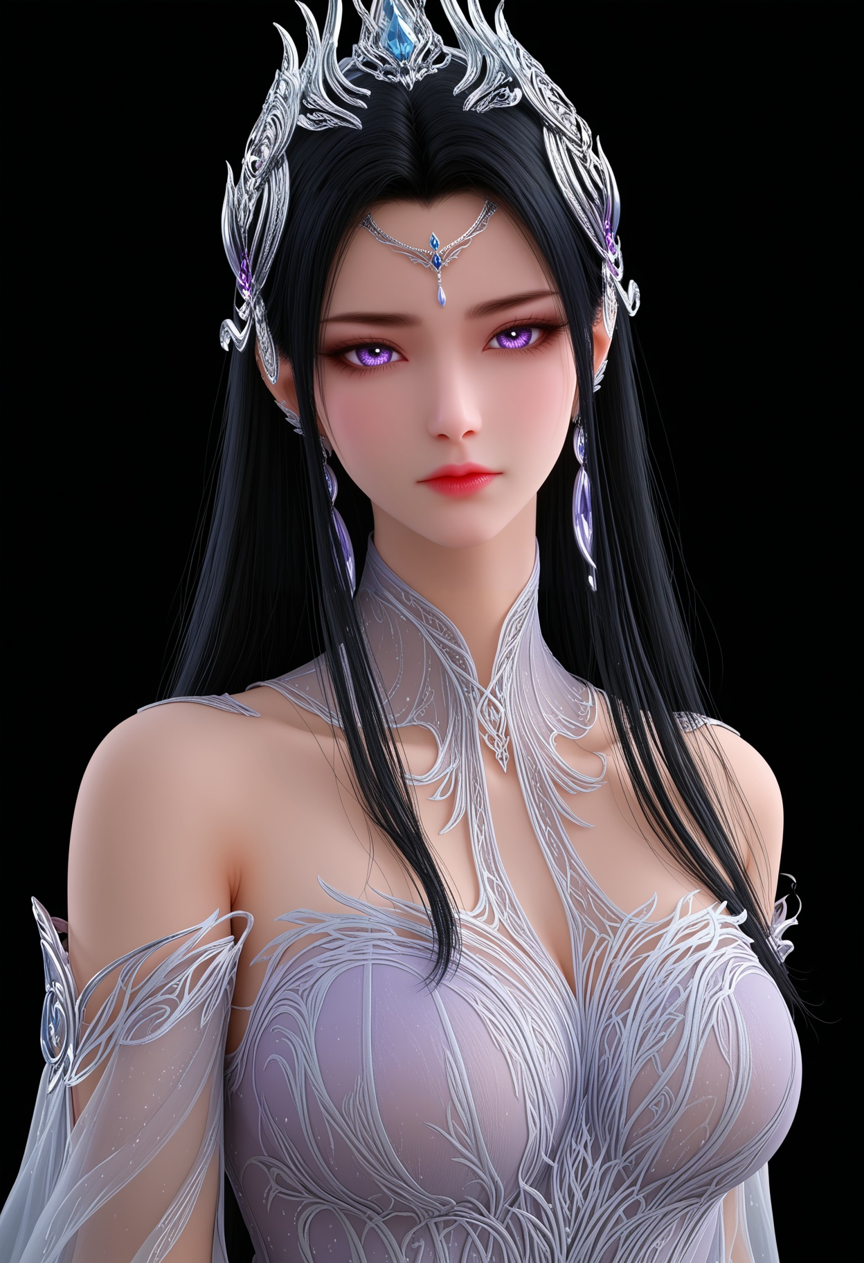 score_9,looking_at_viewer,upper body,(huge breasts:0.5),yechangong,solo,1girl,black hair,long hair,hair ornament,jewelry,earrings,expressionless,closed mouth,dress,purple eyes,white dress,(purple dress:1.1),bare shoulders,detached collar,tiara,(see-through:1.2),(simple background,pure black background,black background:1.1),perfect_anatomy,<lora:QQSponyyechangongV1:0.8>,