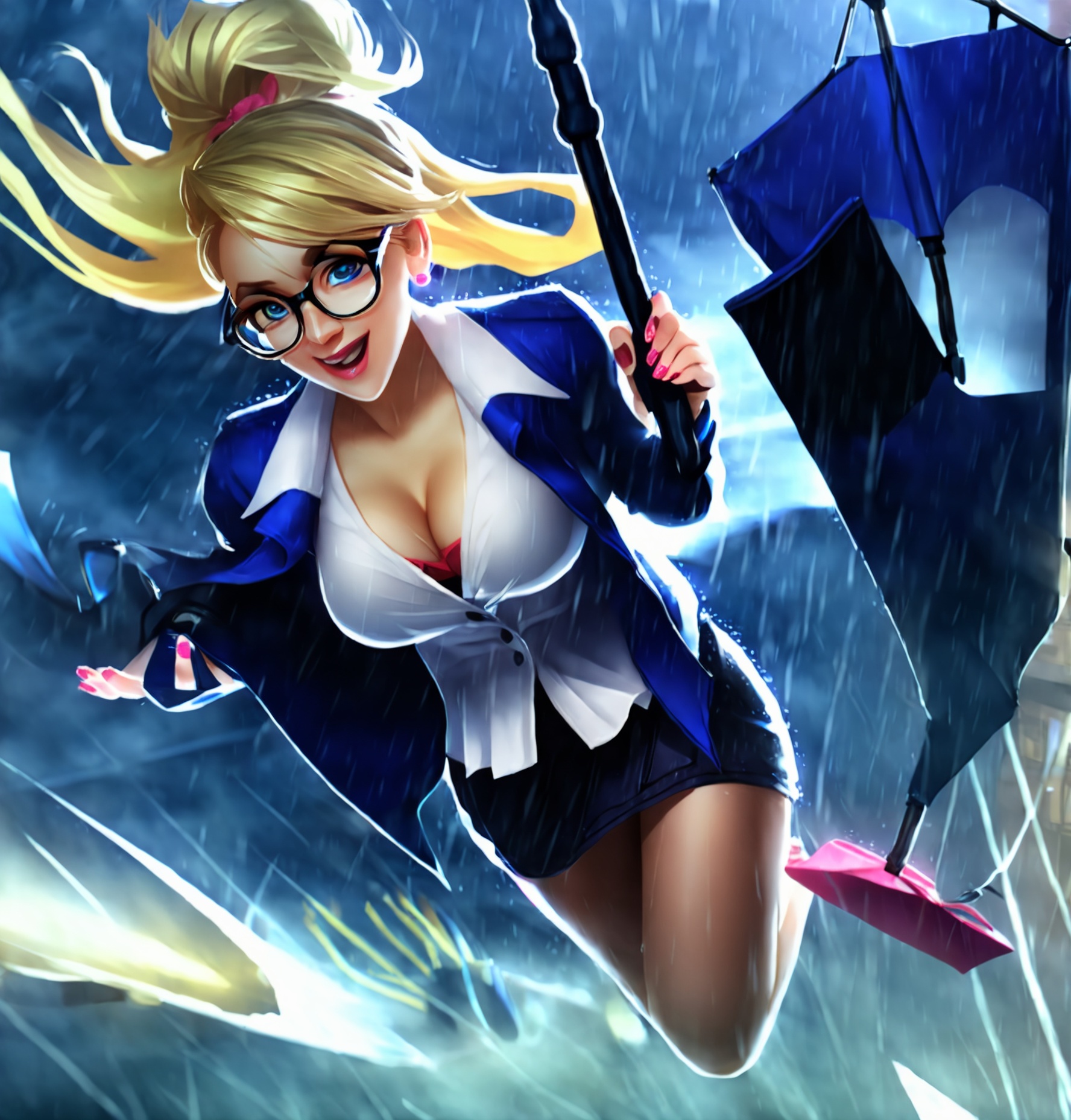 LOL, \\\(lol style\\\), game cg,LOL, LOLGirls,Janna,Fennv, 1girl, blonde hair, rain, breasts, blue eyes, glasses, bespectacled, cleavage, skirt, solo, large breasts, umbrella, nail polish, long hair, genderswap, earrings, jewelry, ponytail, genderswap \(mtf\), miniskirt, microphone a woman in a suit and glasses holding an umbrella in the rain with a blue background and a black umbrella,  <lora:XL_LOLGIRL1.1:0.9>