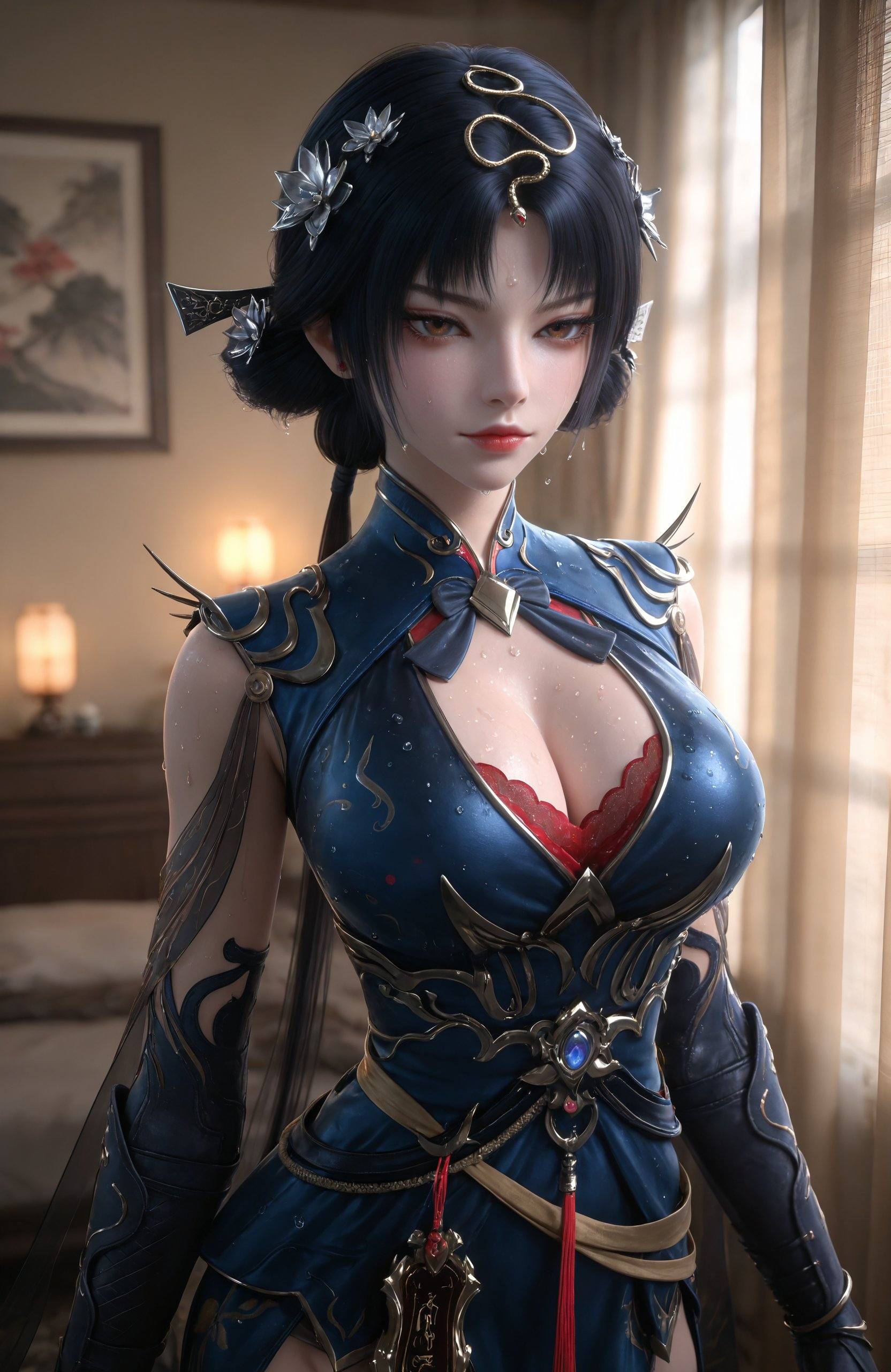 <lora:玄界之门-金小钗IL:0.7> 1girl, black hair, hair ornament, hair bun, red lips,brown eyes, chinese clothes, blue dress, claws, cleavage cutout, cleavage, Huge breasts, elbow gloves,black thighhighs,black footwear, high heels,wet,, realistic style photo,outstanding style,Use soft lighting to cast gentle shadows on the subject,adding a touch of dimension to your images without compromising details,whirls of vapor,(Anime:1.1),soft neon light,ethereal ambiance,delicate details,magical atmosphere,concept art,highly detailed,ultra-high resolution,32K UHD,sharp focus,best-quality,masterpiece,golden hour,unconventional supreme masterpiece,masterful details,temperate atmosphere,with a high-end texture,in the style of fashion photography,magazine style,Dynamic Angle,Dynamic posture,magazine style,Dynamic Angle,Dynamic posture,(cowboy_shot:1.2),eye trail,depth of field,cinematic lighting,lens flare,close-up,extreme aesthetic,(wlop:0.6),(honjou raita,lack,rella,wanke:0.5),masterpiece,best quality,good quality,newest,year 2025,very aesthetic,absurdres,Visual impact,A shot with tension,ultra-high resolution,32K UHD,sharp focus,best-quality,masterpiece,Emotionalization,unconventional supreme masterpiece,masterful details,temperate atmosphere,with a high-end texture,in the style of fashion photography,(Visual impact:1.2),giving the poster a dynamic and visually striking appearance,, 1girl, solo,  closed mouth, jewelry, upper body,  leaf,  curtains,  realistic