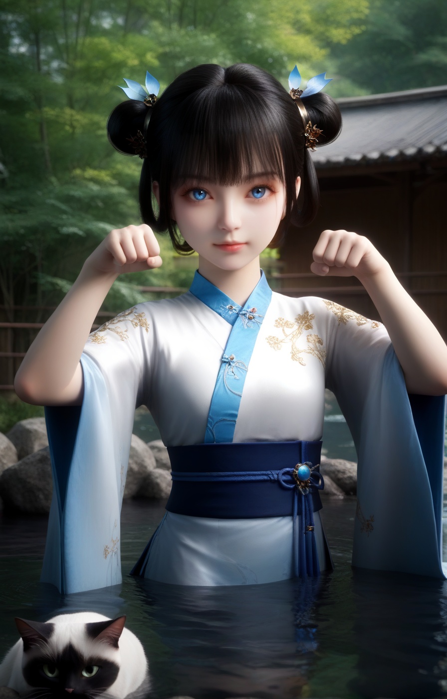 score_9,score_8_up,score_7_up,source_anime,eye reflection,(beautiful_detailed_eyes:1.2),highly detailed,volumetric,dramatic lighting,oil,(shiny_skin:1.2),ultra detailed 8k cg,ultra detailed background,(full_shot:1.3),rating_explicit,3D,(realistic:1.5),perfect face,detailed face,sexy pose,supermodel,overall warm color,dol,innocence,mysterious,surreal,highly detailed,concept art,extremely detailed,amazing quality,ultra-high resolution,32K UHD,<lora:0653 Open-air hot spring_pony:0.8>,ruanyi0653,japanese tangchi,onsen,fence,rock,water,sharp focus,best-quality,with a high-end texture,golden hour,unconventional supreme masterpiece,masterful details,temperate atmosphere,high detailed  skin,(detailed skin:1.1),highly detailed,nice hands,Skindentation,skin depression,<lora:Add_more_details_V2_XLpony:0.6>,dramatic lighting,detailed face,<lora:qingxuan_zhouru_PONY-000005:0.7>,1girl,solo,chinese clothes,black hair,hair rings,hanfu,outdoors,looking at viewer,hair ornament,hair bun,black hair,double bun,hair rings,realistic,day,blue eyes,blue_dress,(cat_pose:1.3),