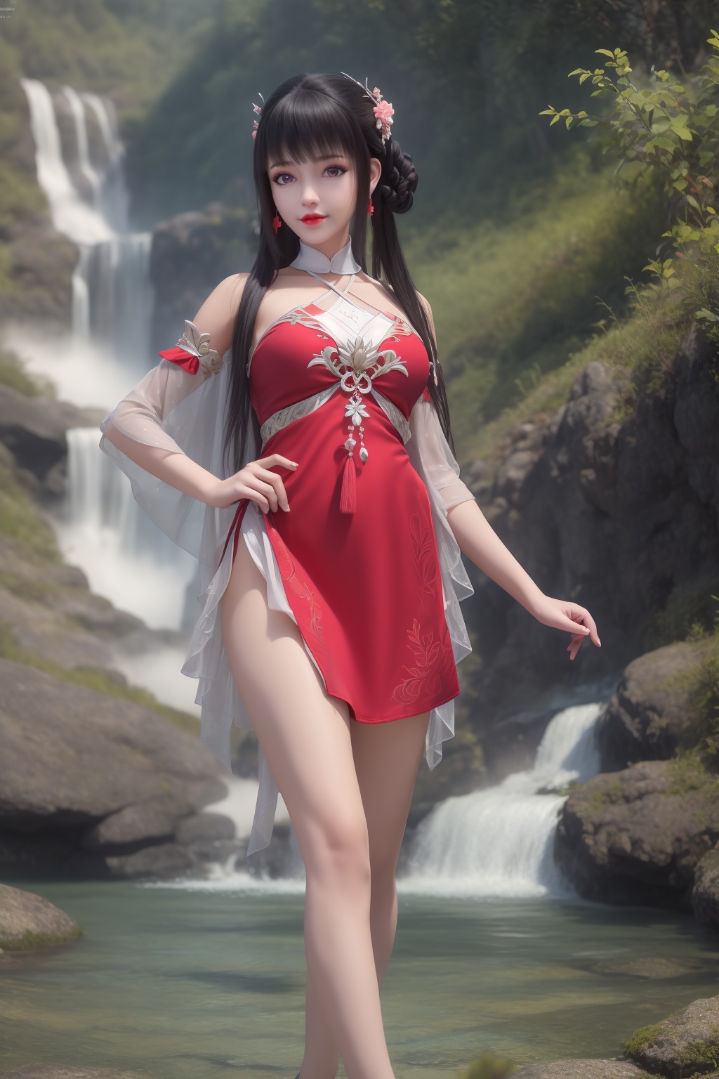 ultra realistic 8k cg,flawless,clean,masterpiece,professional artwork,famous artwork,perfect face,beautiful face,best quality,full_shot,absurdres,shenfengXiaoHuoLingEr,1girl,solo,dress,skirt,standing,blunt bangs,chinese clothes,detached collar,detached sleeves,hair bun,hair flower,halterneck,halterneck,sidelocks,torogao,smile,makeup,red lips,breasts,large breasts,jewelry,earrings,hair ornament,(outdoors:1.4),water,waterfall,butterfly,flower,long hair,realistic,looking at viewer,high heels,<lora:shenfengXiaoHuoLingEr_20240106001948-000004:0.7>,