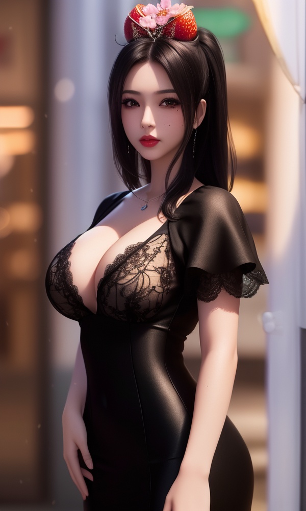 (,1girl, ,best quality, ),looking at viewer, <lora:411-DA-太一剑仙传-季师师:0.8> ,, ,masterpiece, (( , )),ultra realistic 8k cg, ,    ,cleavage,strawberry blossoms,lace , (cleavage), (), blurry, depth_of_field, blurry_background, 1girl, blurry_foreground, black_hair, mole, solo, lips, motion_blur, nose, makeup,