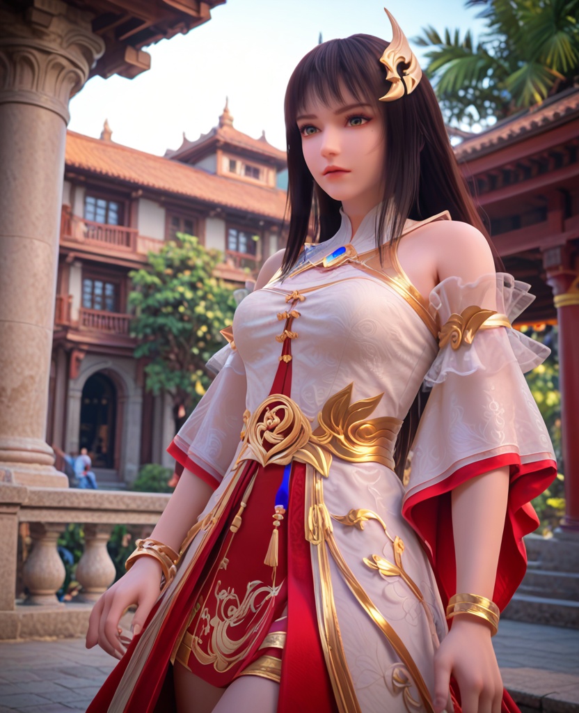 (oriental architecture, elegant decor, sophisticated style:1.1),hand on hip,(breasts:1.2),<lora:XL完美世界灵凤:0.95>,miss lingfeng,solo,white dress,sash,red underskirt,detached sleeves,green eyes,mole under left eye,black hair,bangs,long hair,hair ornament,bare shoulders,wide sleeves,gem,jewelry,bracelet,, zPDXL2, score_9, score_8_up, score_7_up BREAK realistic, masterpiece,best quality, highly detailed,, zPDXL3, zPDXL2,zPDXL, zPDXLxxx, zPDXLrl,