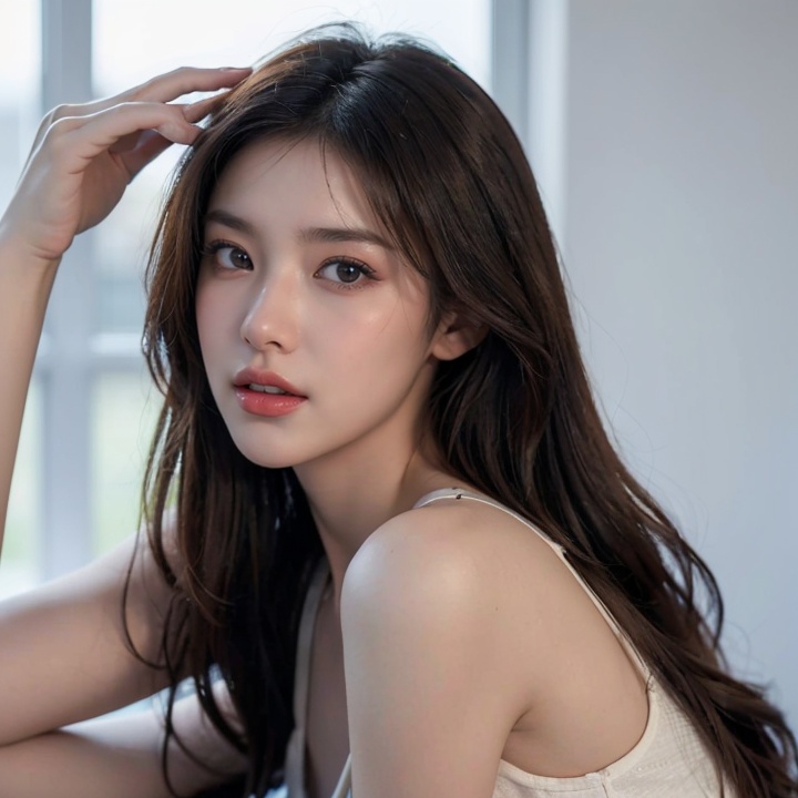 front angle,(8k, best quality, masterpiece:1.2),(realistic, photo-realistic:1.37),ultra-detailed,(looking_at_viewer:1.4),(eye-contact:1.4),1girl, solo, looking_at_viewer, realistic, blue_background, teeth, lips, long_hair, upper_body, open_mouth, ****_top, <lora:YG初恋女神小姐姐:0.7>,