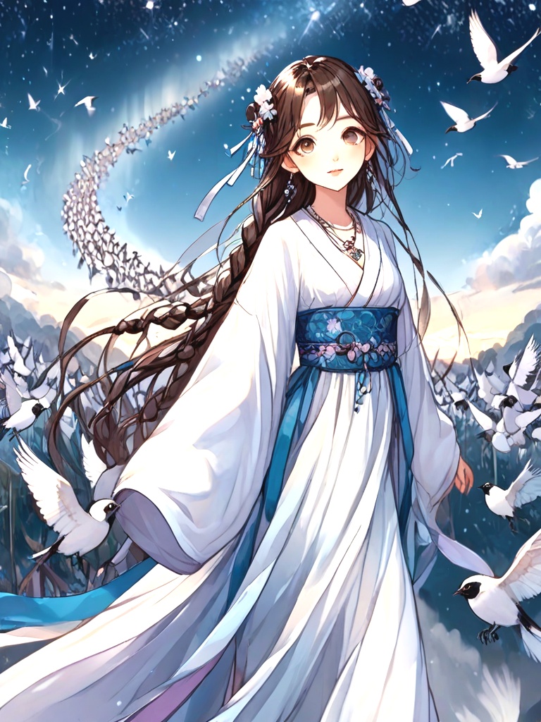 source_anime,  walking on magpie bridge,  birds flock on Tensor.Art