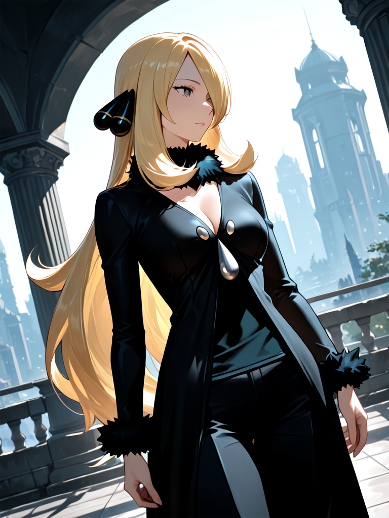 1girl,  cynthia \(pokemon\). cowboy shot,  dutch angle on Tensor.Art