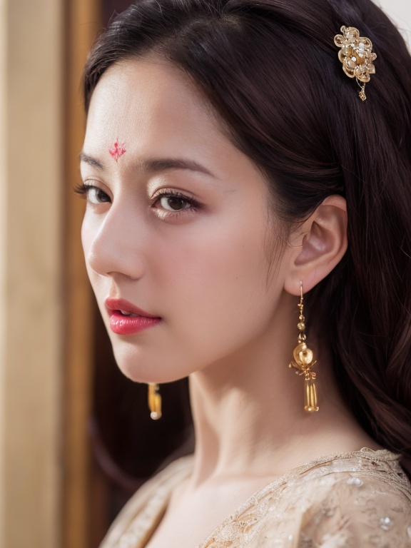 ((huadian)),close-up,High detail RAW color front view Picture of a stunning beautiful chinese girl,((light_smile)),((solo_focus,centered,looking at viewer:1.3)),(face_focus:1.2),((Her low-tied_updo with jewelry_accessories)),very_long_chain_earrings_with_green_drop,tiara,tassel,((intricated hair_ornament:1.2)),pale_skin,kanzashi,lipstick,chinese clothes,hair stick,parted lips,black_hair,ancient,gold embroidery,((intricated details:1.2)),((32k,RAW photo,best quality, masterpiece:1.2)),(photorealistic,Realistic:1.37),cinematic lighting,film still,atmosphere,ultra-detailed_face,detailed_eyes,long eyelashes,ultra-detailed skin and clothes,<lora:huadian_20240408133132:0.9>,forehead,headwear,((Her divine attire is resplendent with jewels)),{{{fire_mark:1.2}}},