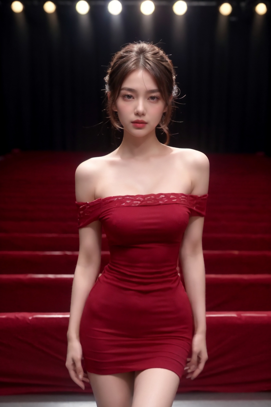 Realistic,(masterpiece:1.2),best quality,8K,HDR,RAW,1girl,((solo)),(vase,Film lighting,)(Black hair,delicate girl),large breasts,standing,(Looking at the audience),<lora:add_detail:0.6>,<lora:GoodHands-beta2:1>,<lora:ENNE 红色无肩带迷你连衣裙_v2_09:1>,strapless minidress,