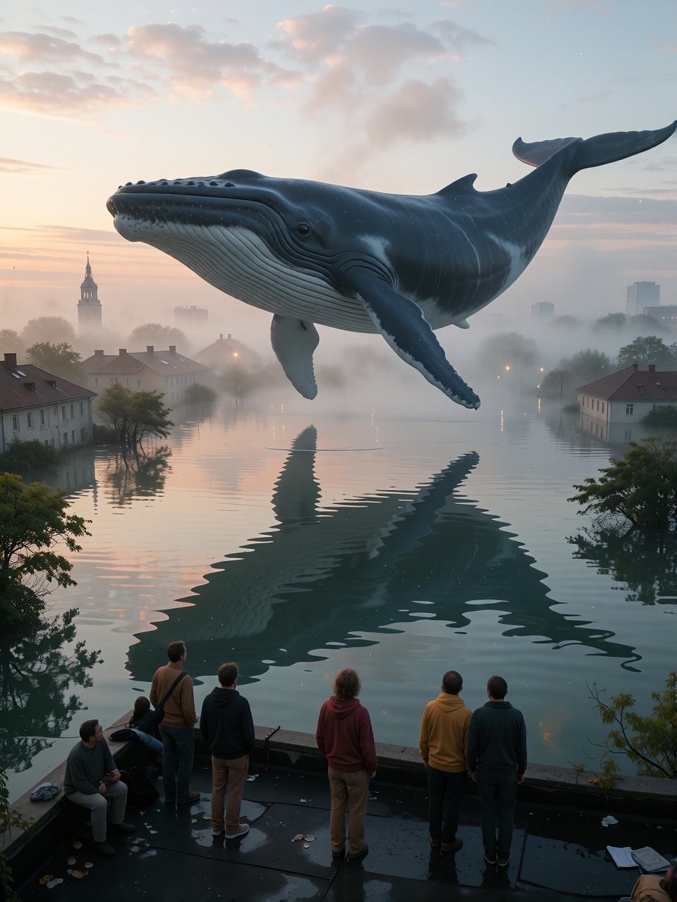 An enormous whale floating silently above a flooded city at dawn,  reflections everywhere,  people watching from rooftops...