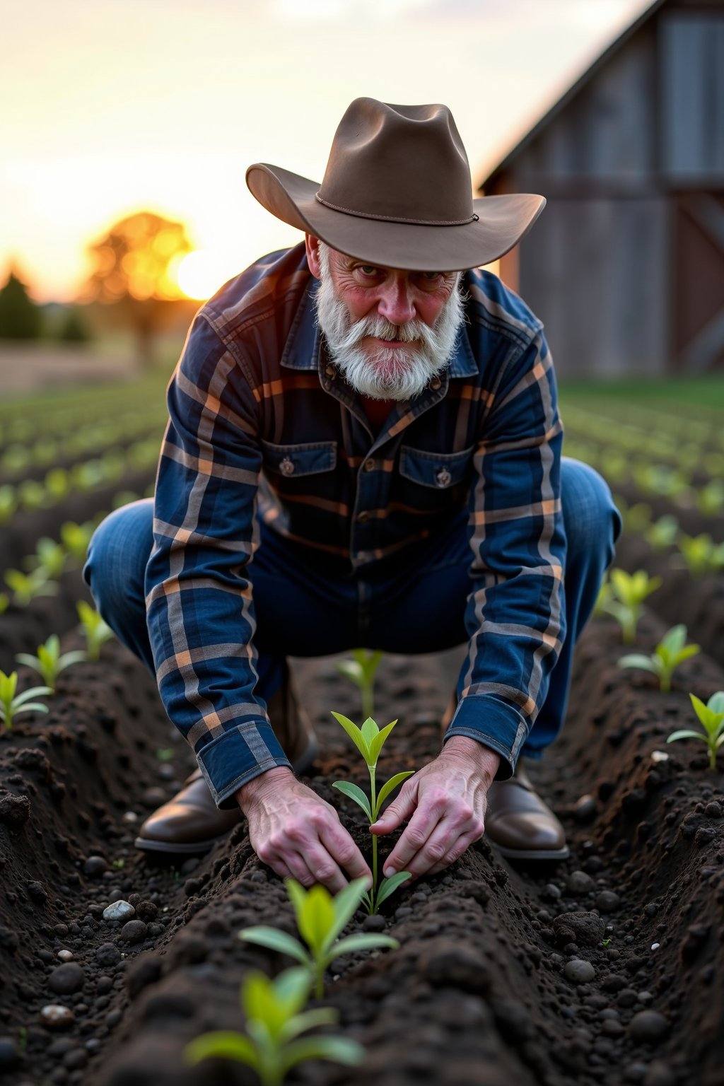 An elderly Caucasian man,  appearing to be in his 70s,  is shown kneeling in a field on Tensor.Art