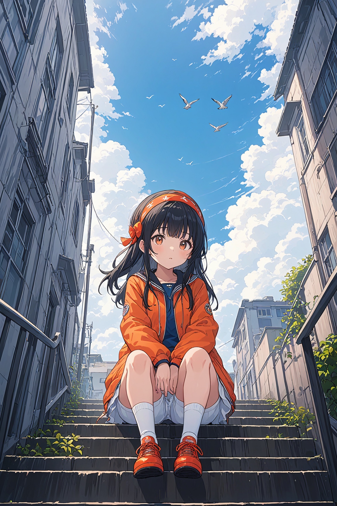 ultra-detailed,(best quality),((masterpiece)),(highres),original,extremely detailed 8K wallpaper,(an extremely delicate and beautiful),anime,\\,BREAK1girl,orange shoes,solo,sitting,sky,clouds,outdoors,black hair,bird,upward view,blue sky,white socks,daytime,orange jacket,building,long sleeves,leaves,long hair,stairs,red headband,pump Rope,headband,bangs,cloudy sky,from_below,wide_shot,