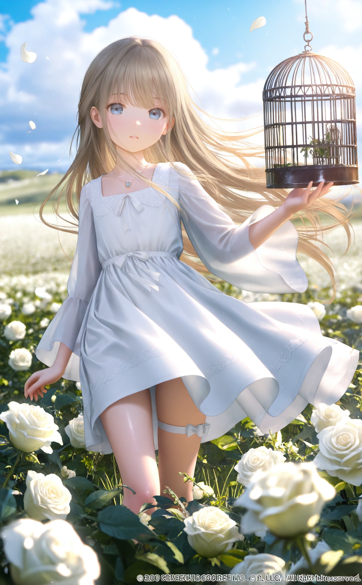 masterpiece,best quality,high quality,loli,chromatic_aberration,Light Blue Theme,//,loli,1girl,solo,long hair,birdcage,dress,flower,blue eyes,white flower,white dress,cage,sky,holding,looking at viewer,outdoors,very long hair,brown hair,cloud,petals,floating hair,day,jewelry,falling petals,blue sky,field,blonde hair,flower field,bow,closed mouth,necklace,white rose,wide sleeves,thigh strap,parted lips,wind,//,//,official art,depth of field,detailed light,blurry background,cinematic lighting,ray tracing,amazing quality,very aesthetic,absurdres,beast quality,ultra detailed,god rays,backlighting,photo background,film grain,chromatic aberration,volumetric lighting,depth of field,blurry background,shiny skin,floating hair,cinematic lighting,day,very aesthetic,