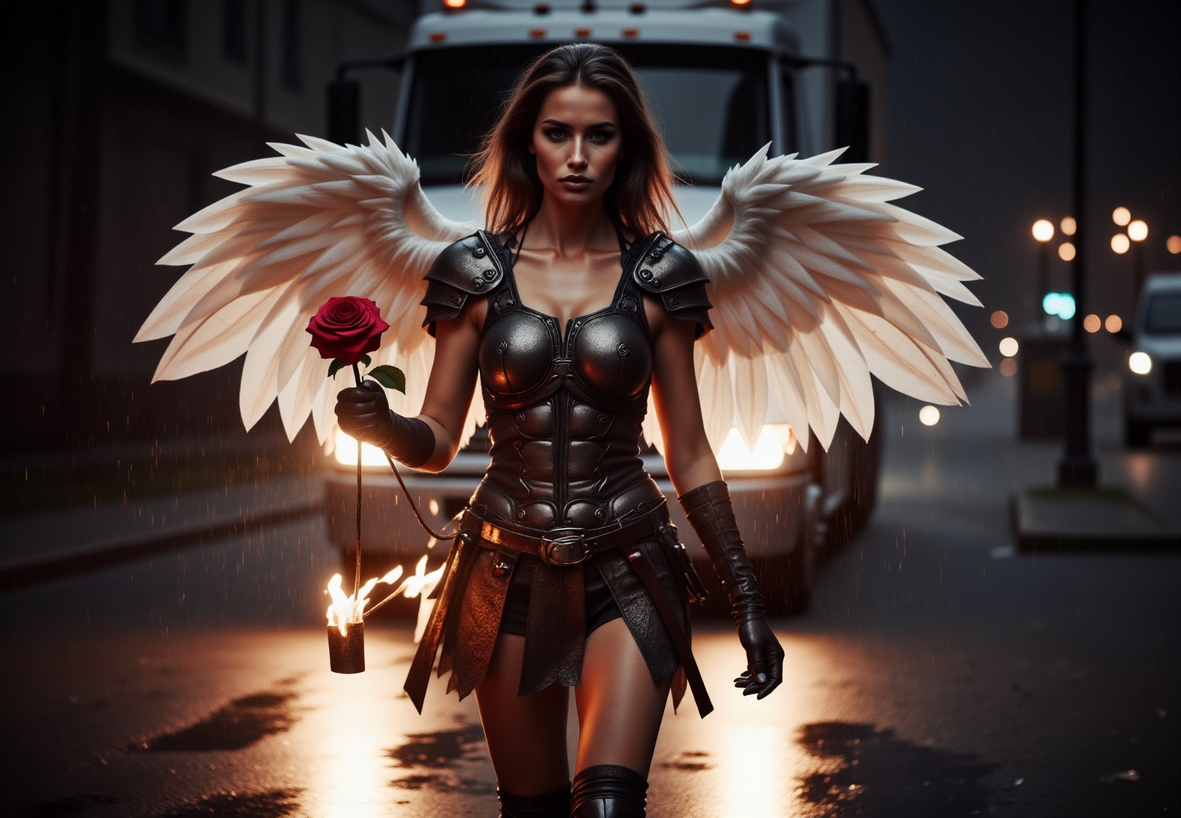 AngelDreamFlux,  The image features a woman with angel wings,  dressed in a warrior costume on Tensor.Art