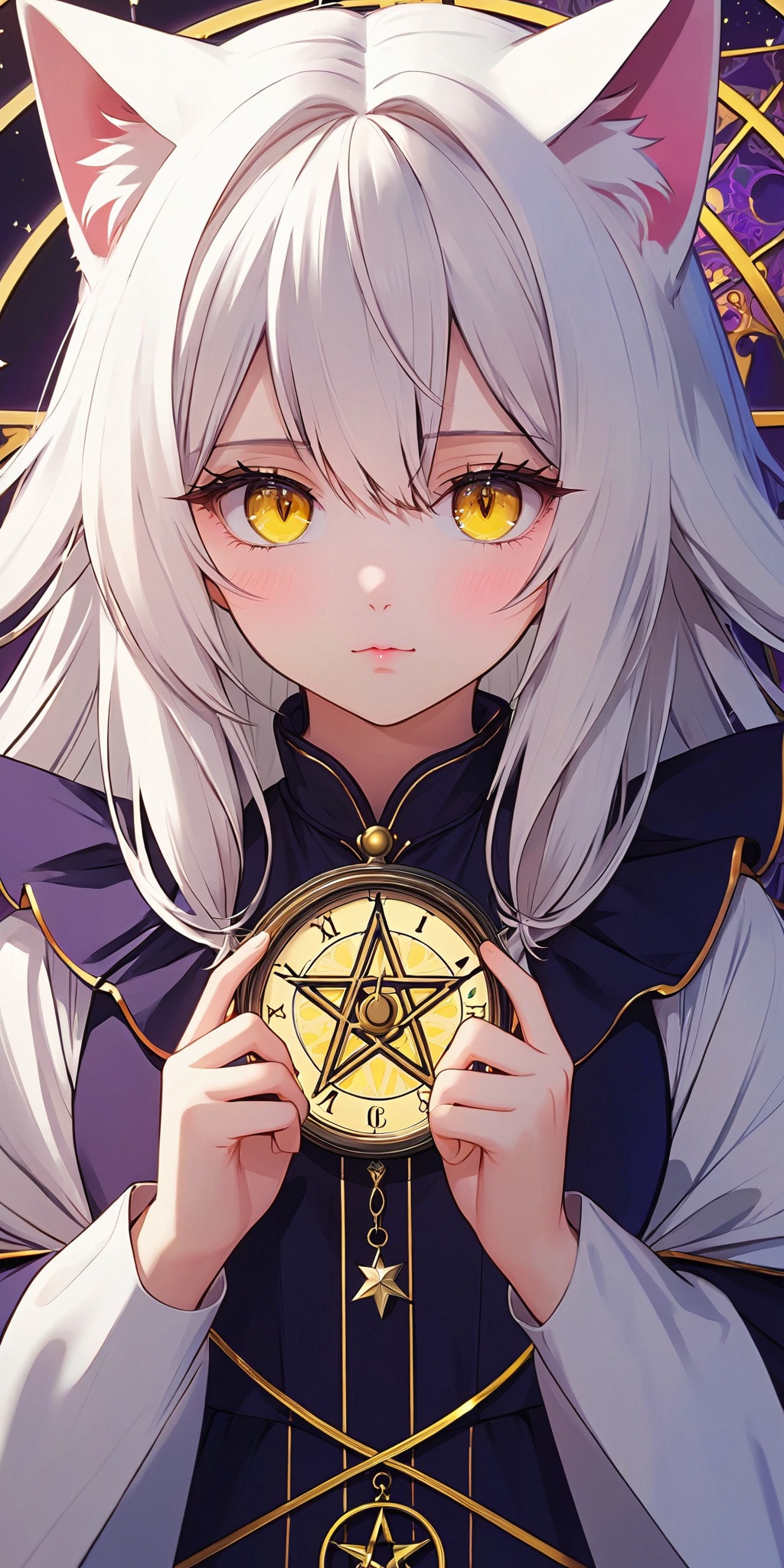 Best quality,masterpiece,{1girl},Amazing,beautifuldetailedeyes,finelydetail,Depthoffield,extremelydetailedCG,original,extremelydetailedwallpaper,white_hair,magic_circle,cat_ears,long_hair,white_hair/yellow_eyes,wand,pentagram,clock,{masterpiece},{bestquality},{1girl},Amazing,beautifuldetailedeyes,finelydetail,Depthoffield,extremelydetailedCG,original,extremelydetailedwallpaper,white_hair,