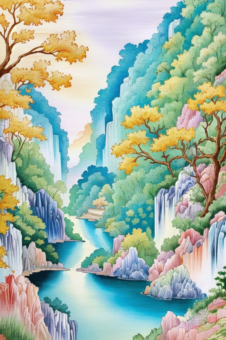((HRD, HUD, 8K)),((masterpiece, best quality)), highly detailed,Embroidery, no humans, scenery, water, outdoors, waterfall, traditional media, tree, nature, river, rock, <lora:20240520-1716211516835:0.9>