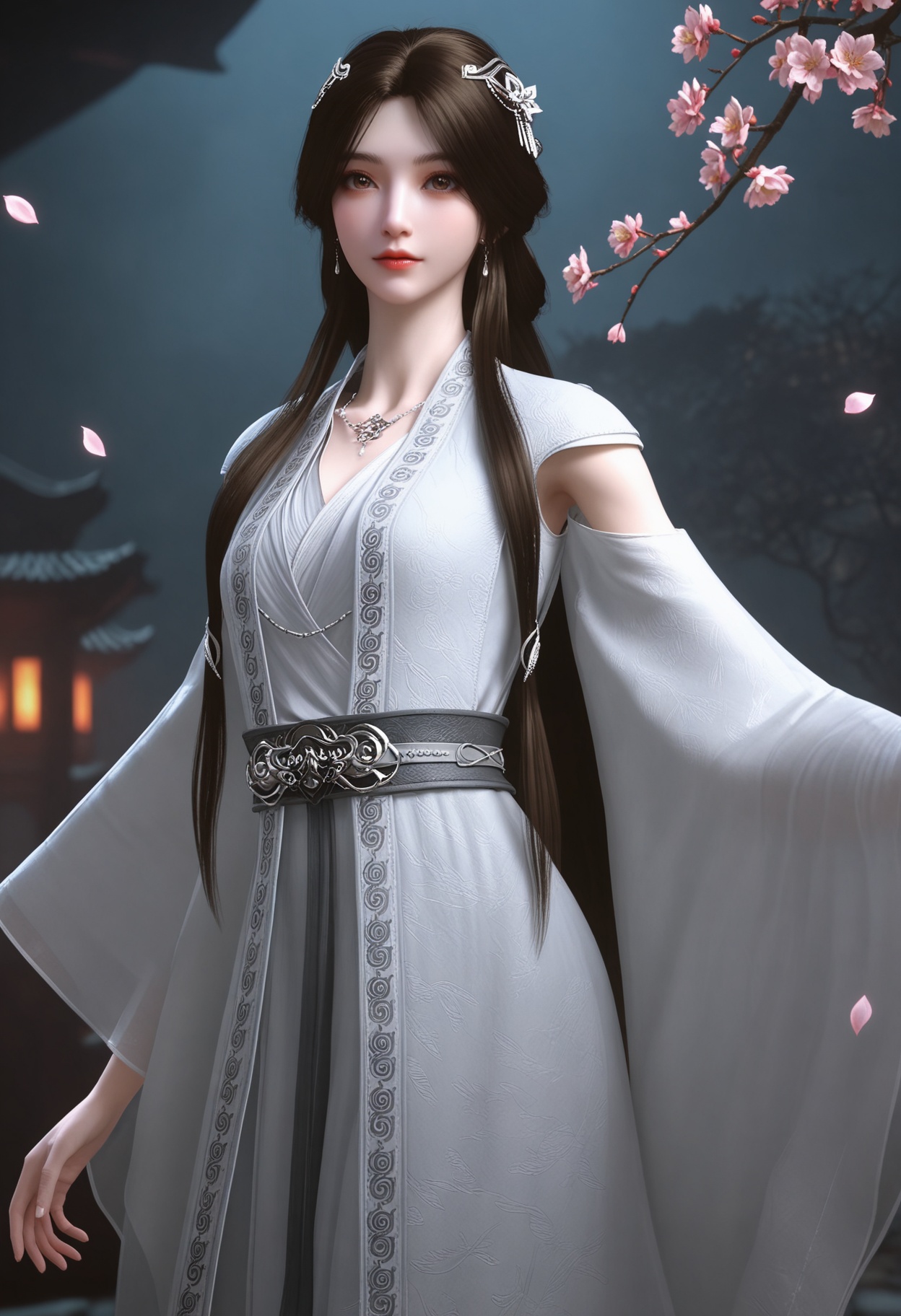 (cowboy shot:1.2),(looking at viewer:1.1),masterpiece,(best quality),smog,Dark room,dim lighting,peach blossom,falling petals,<lora:YQ_Illustrious光辉v5_雨馨2.0_V2:0.8>,q1528437228,1girl,solo,long hair,hair ornament,jewelry,earrings,dress,brown hair,white dress,necklace,black hair,brown eyes,chinese clothes,long sleeves,detached sleeves,wide sleeves,hair bun,