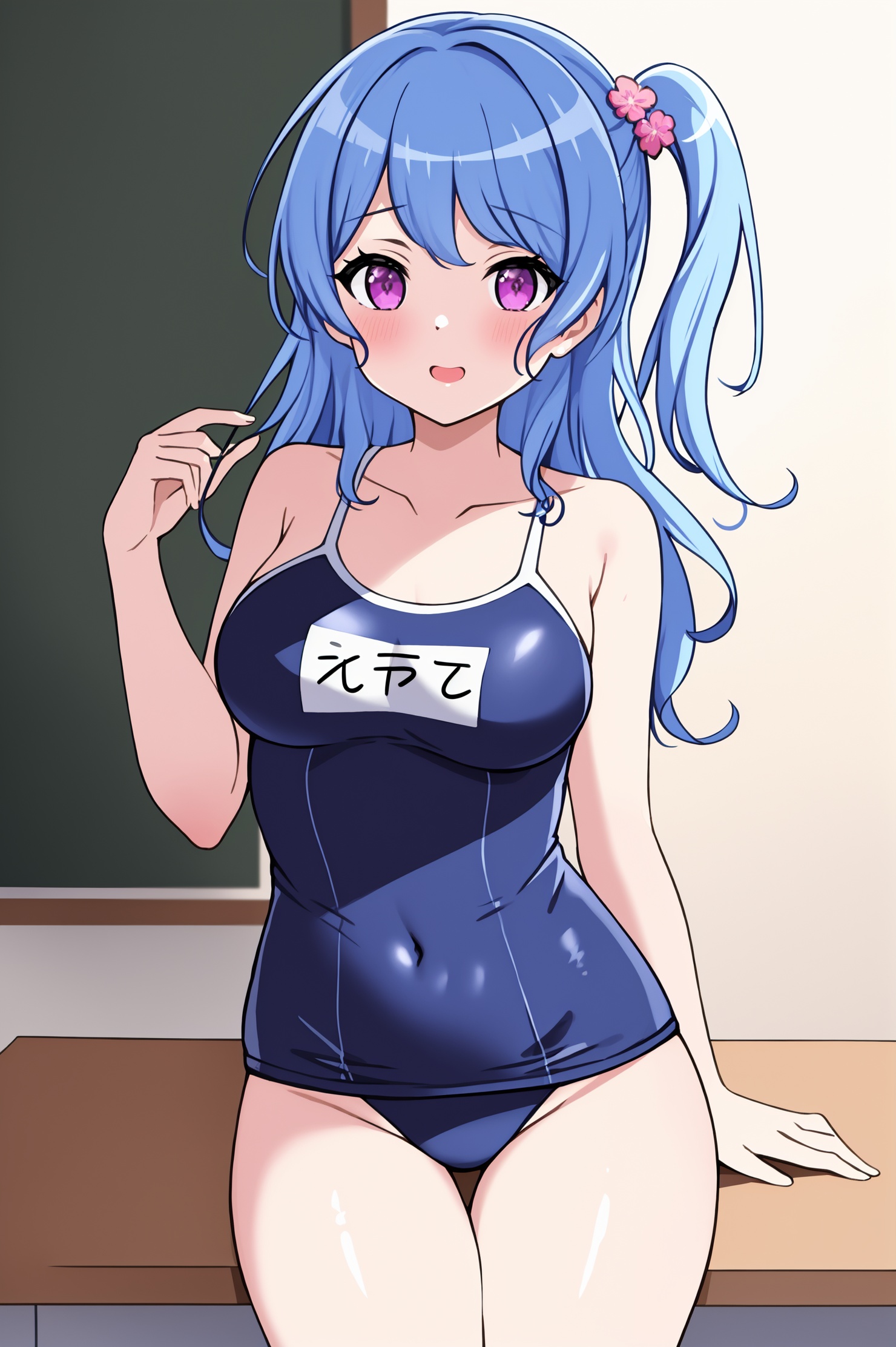 masterpiece,best quality,<lora:HUAYIN11:0.35>,hair one side up,medium breasts,school swimsuit